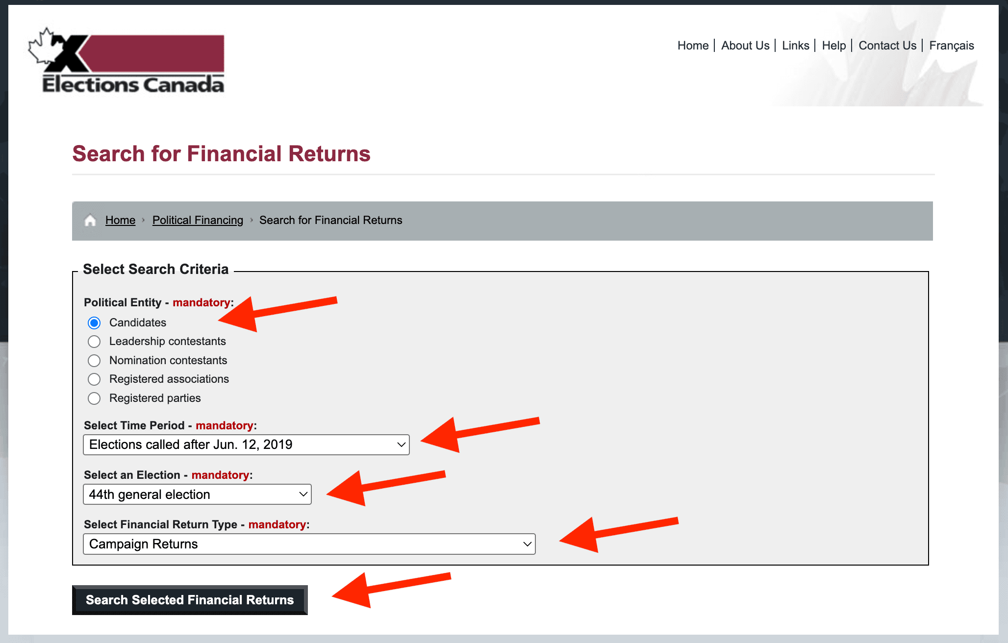 Selecting multiple options on Elections Canada website.