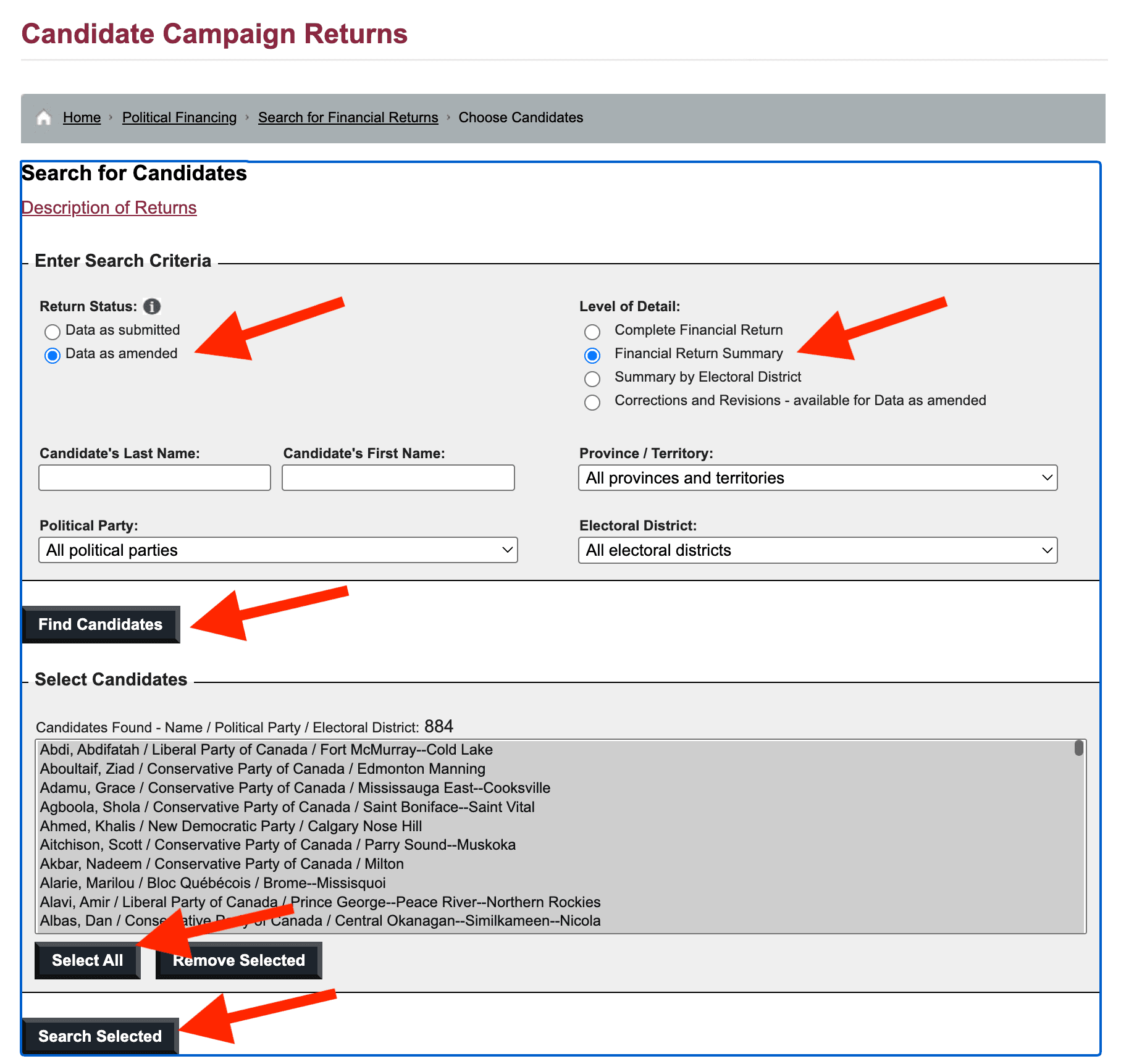 Selecting more options on Elections Canada website.