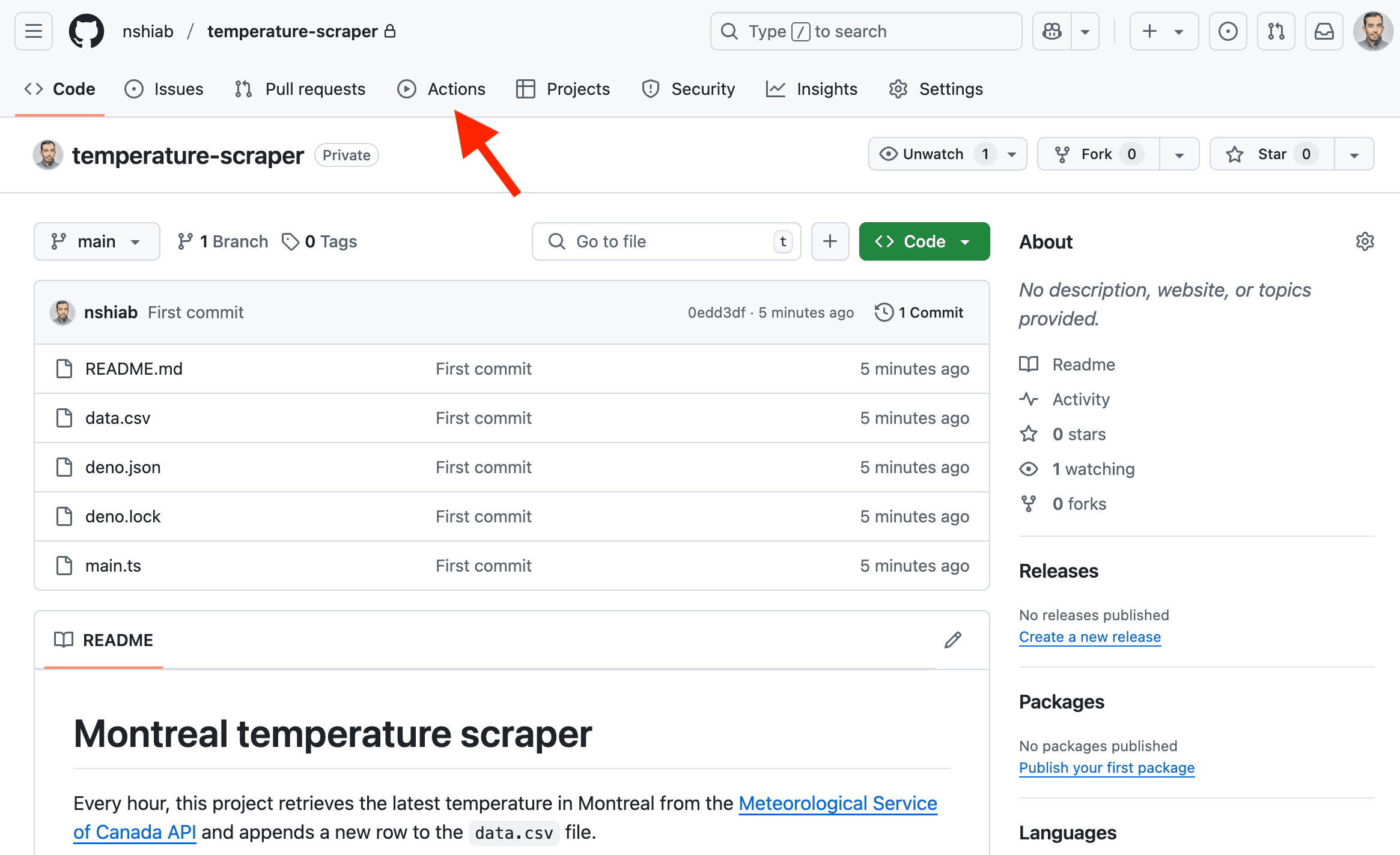 The Actions tab in new GitHub repository.