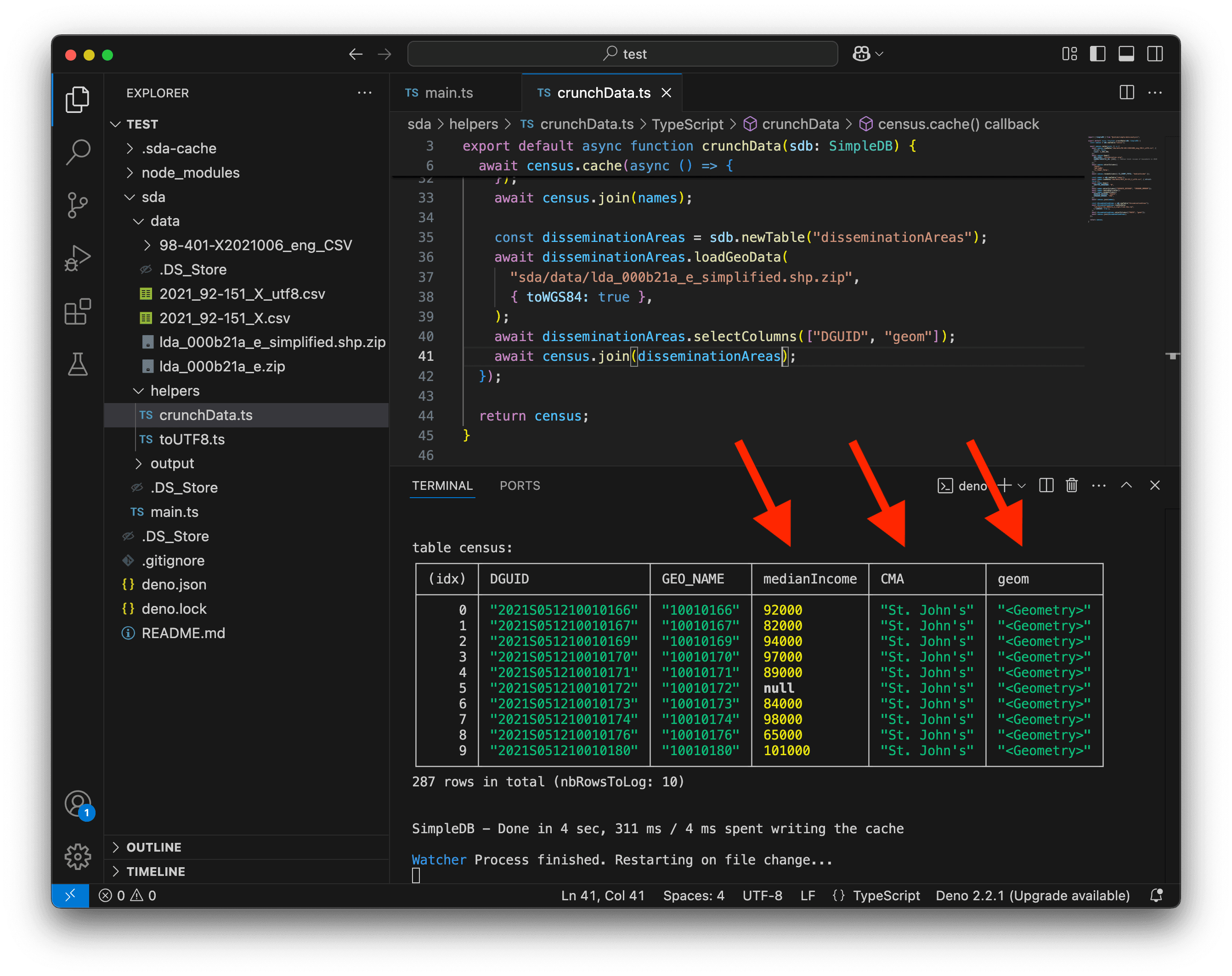 A screenshot of VS Code showing complete dissemination area data.