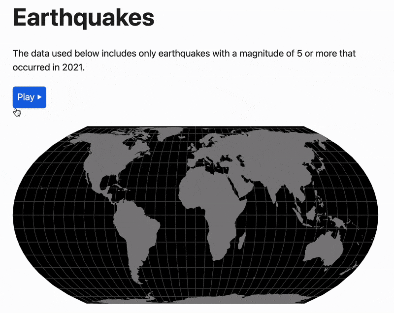 Animated earthquakes appearing and disappearing on a map created with D3.