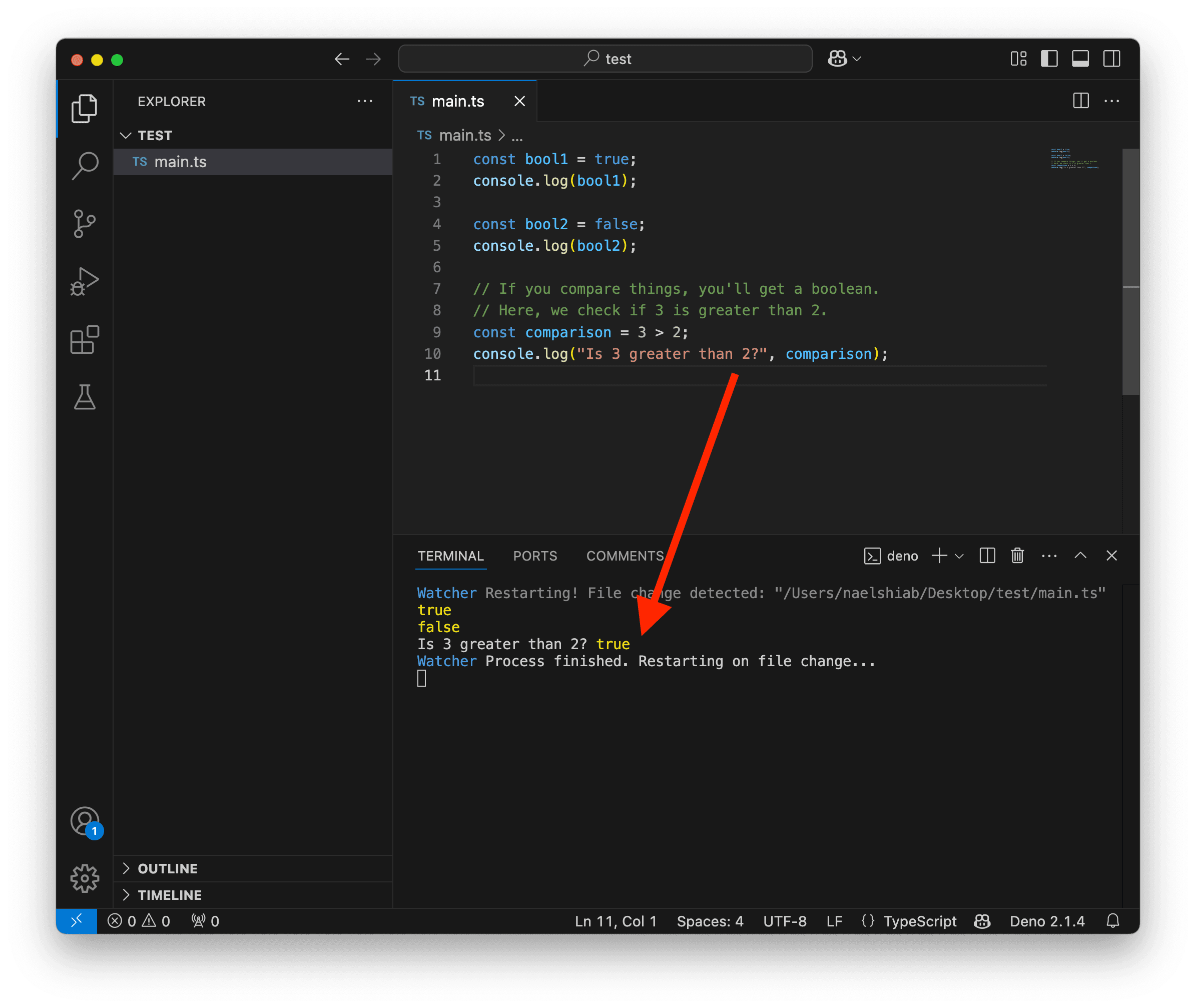 A screenshot showing VS code logging a comparison.