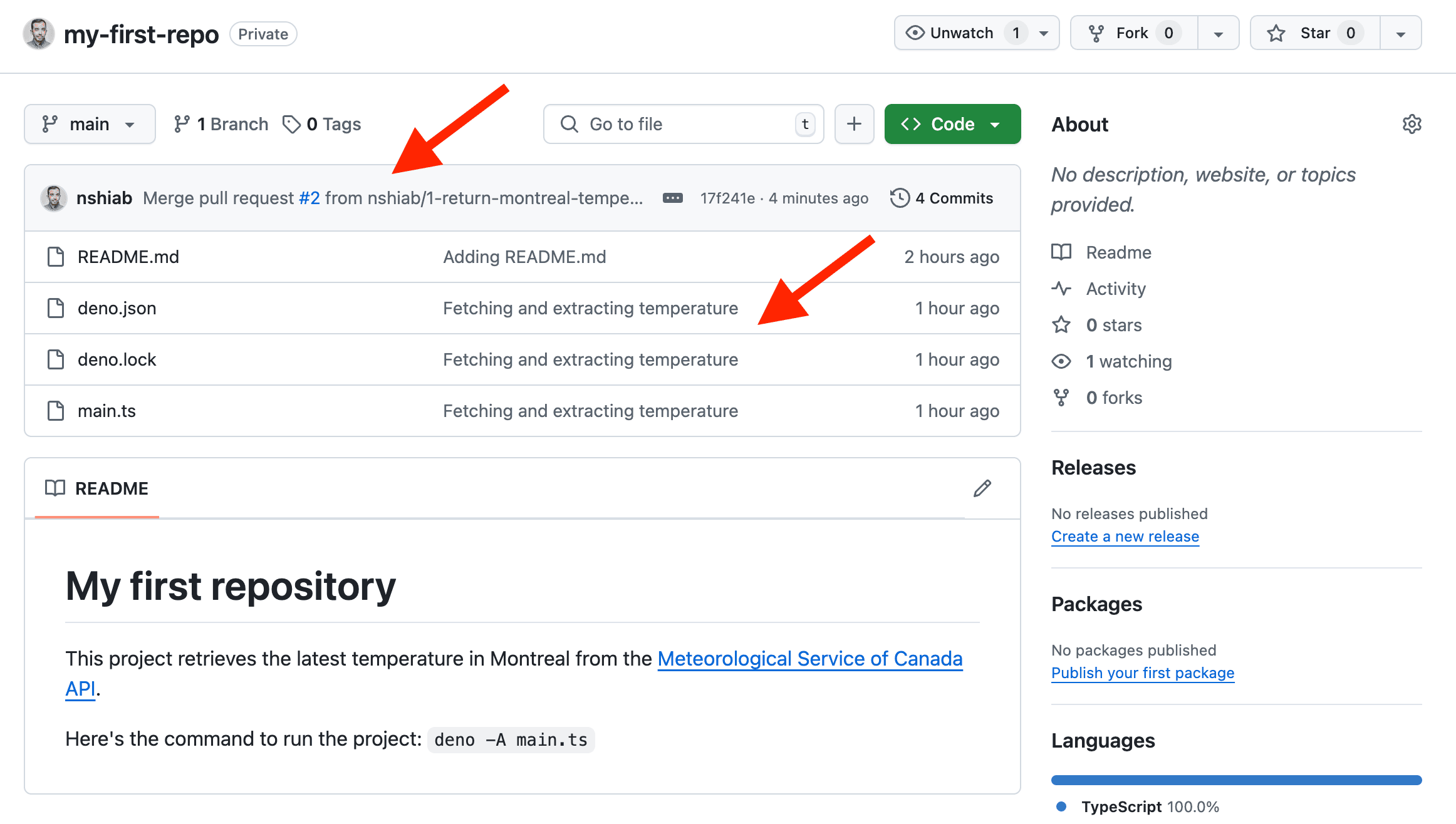 The main page of the repo with the changes.