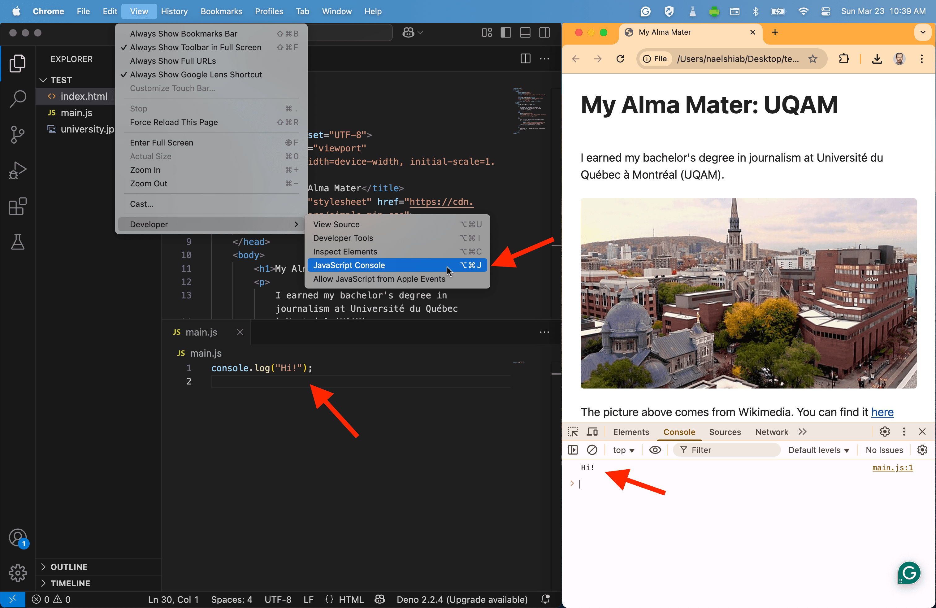 A screenshot showing the browser's console and VS Code with some code.