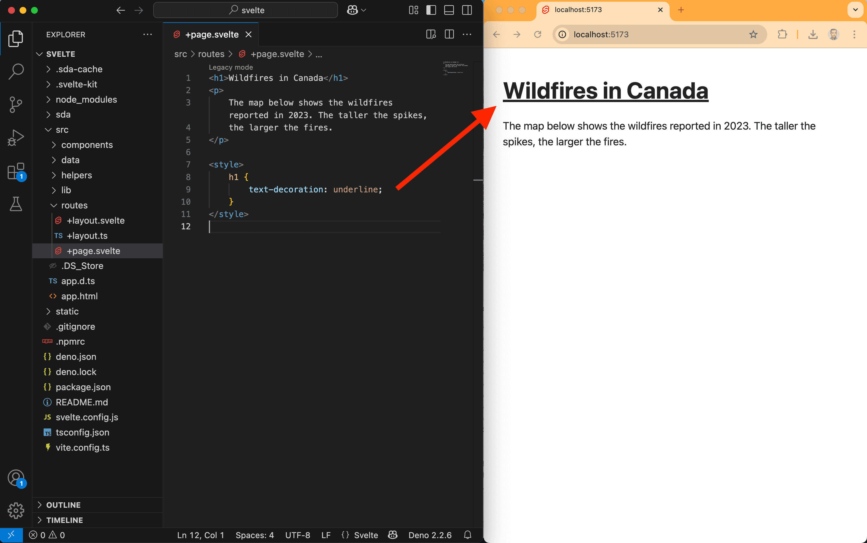A screenshot showing updated CSS code in the Svelte project and in Chrome.
