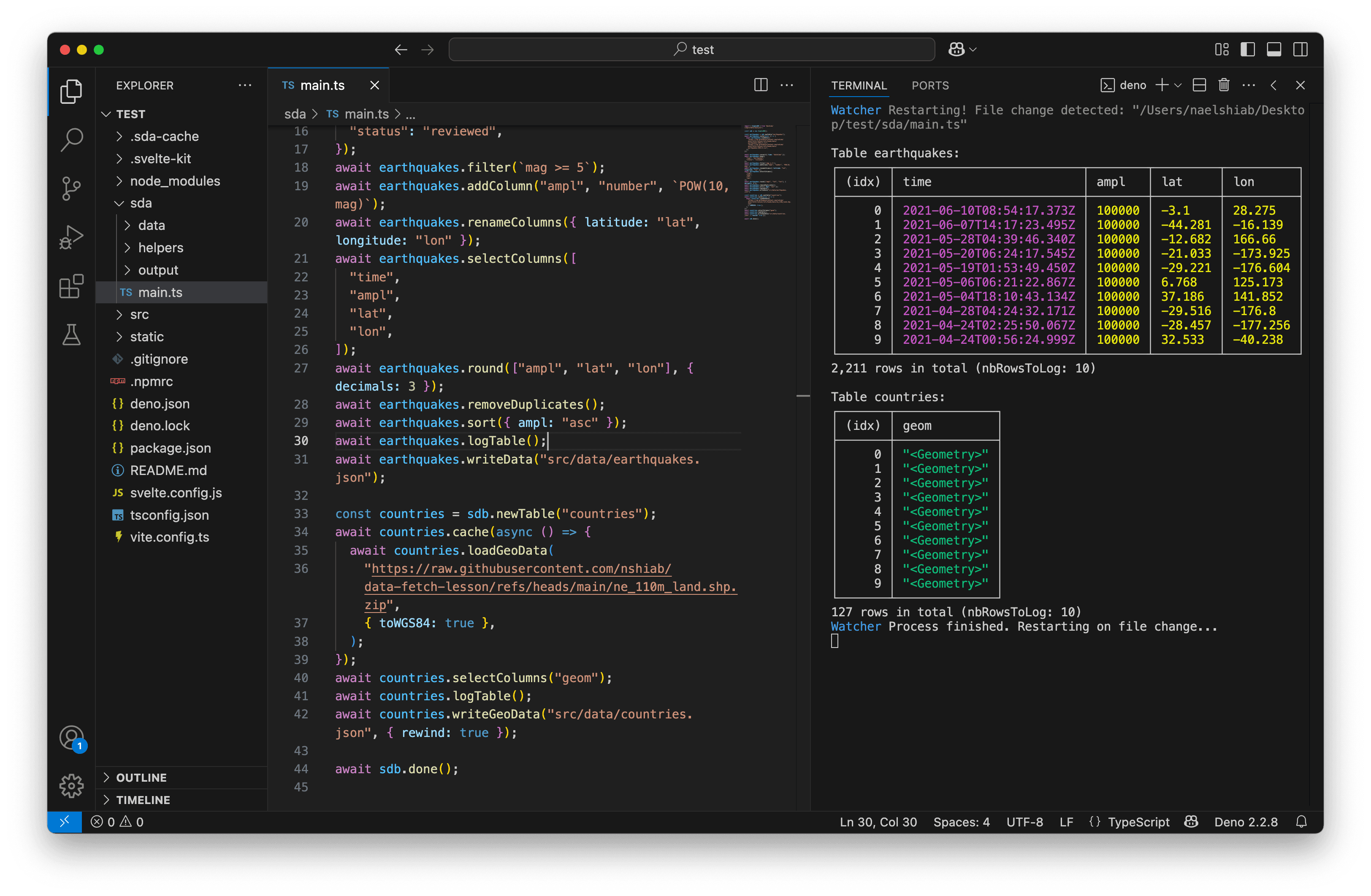 A screenshot of VS Code with data tables logged in the terminal.