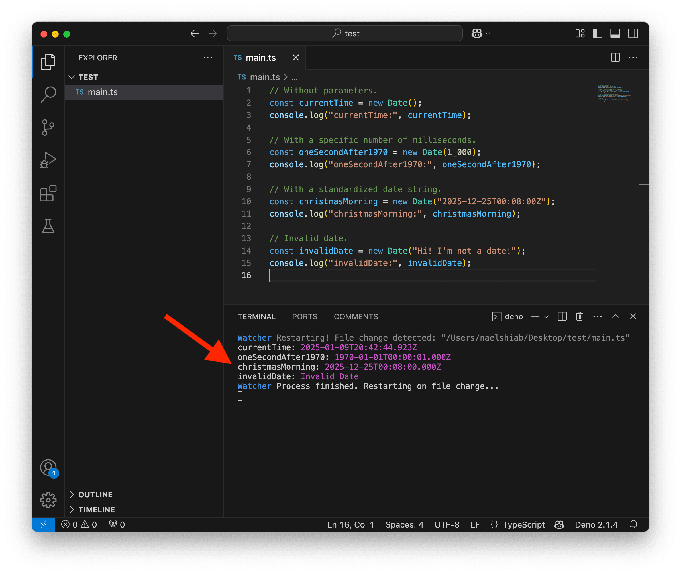 A screenshot showing VS Code logging a date.
