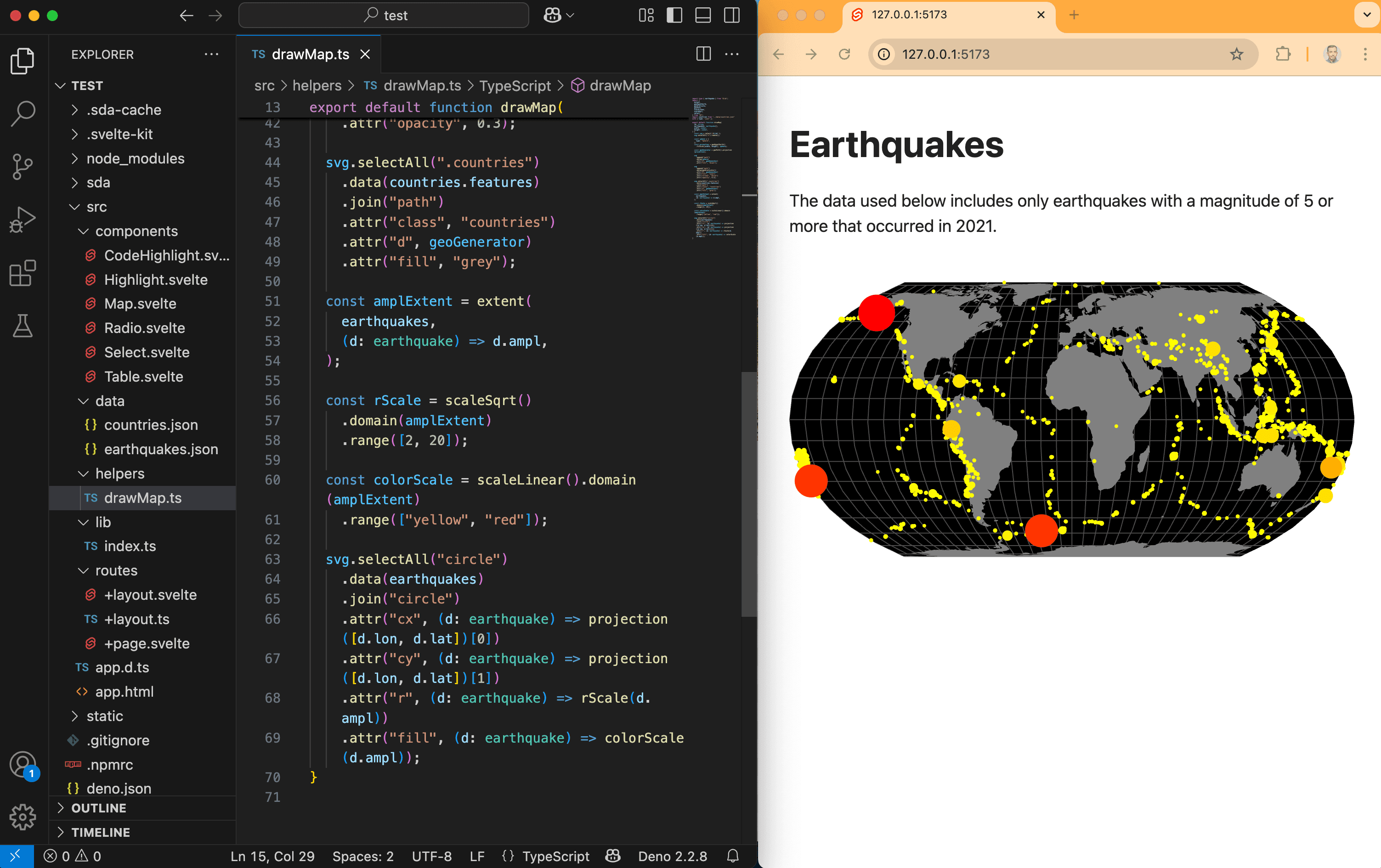 Earthquakes on a map created with D3.