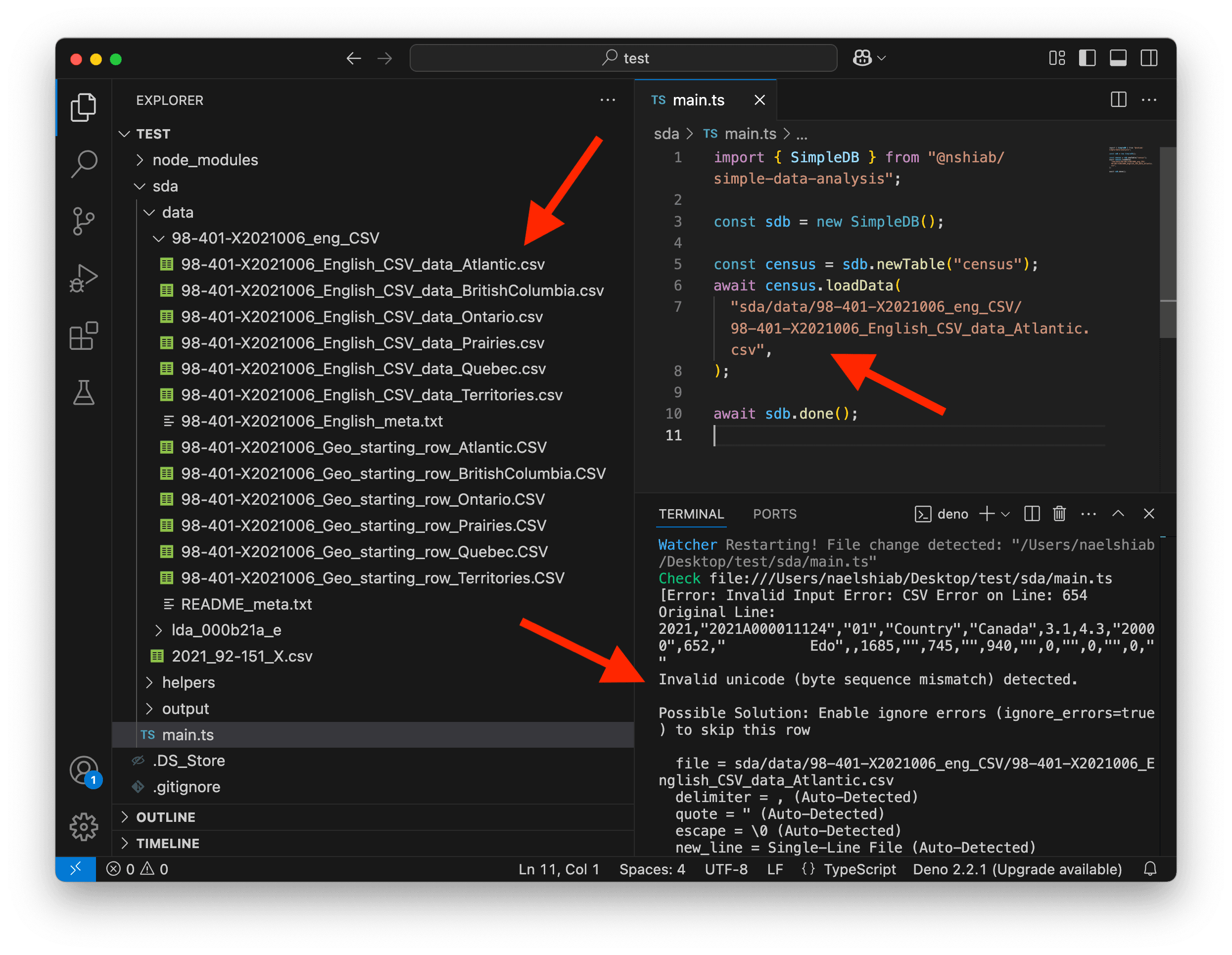 A screenshot of VS Code showing an Invalid unicode error.