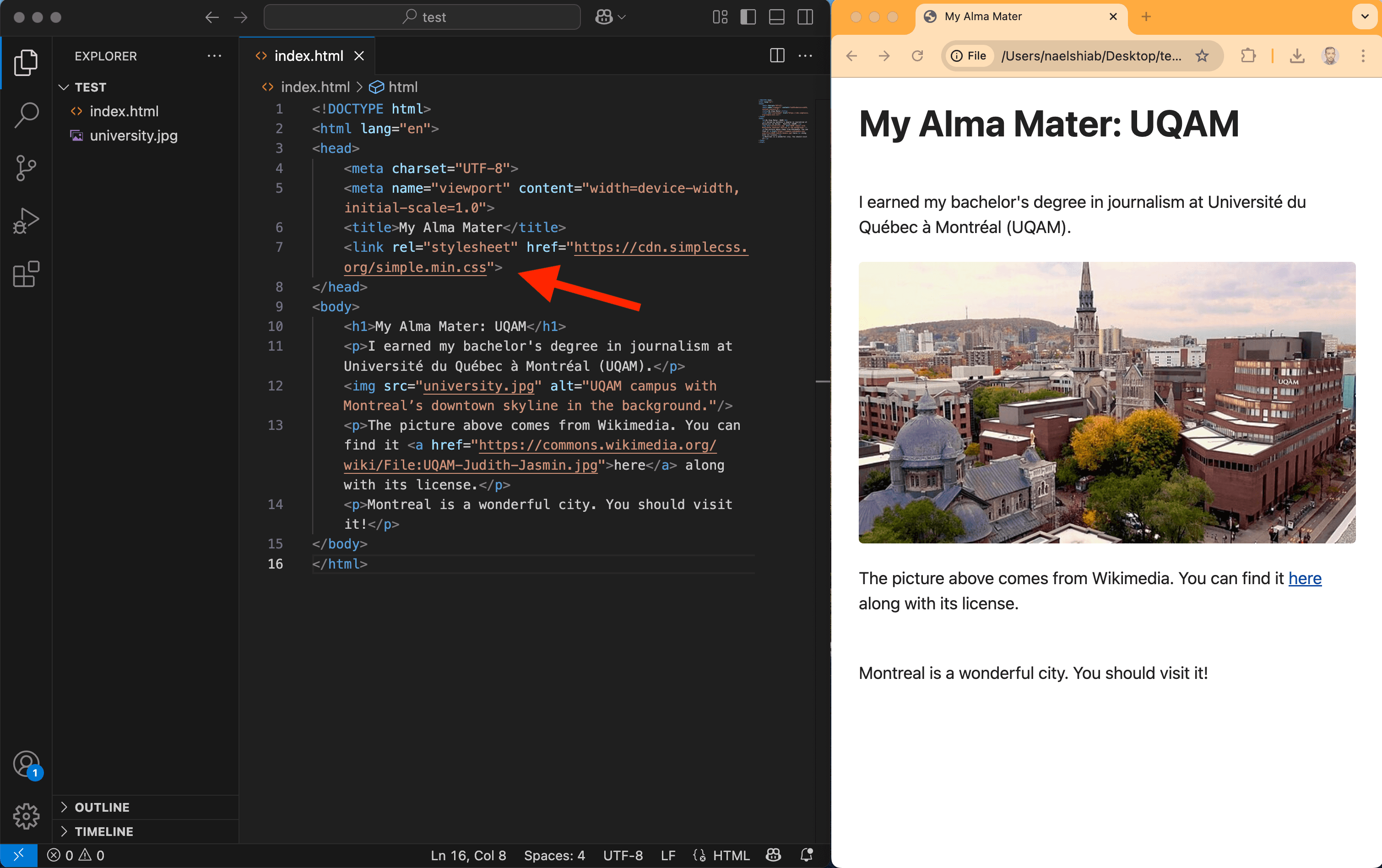 A screenshot showing a CSS file linked to an HTML file.