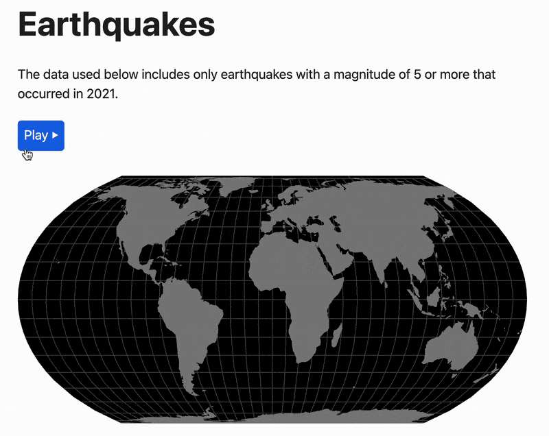Final animation of earthquakes animated on a map created with D3 and Svelte.