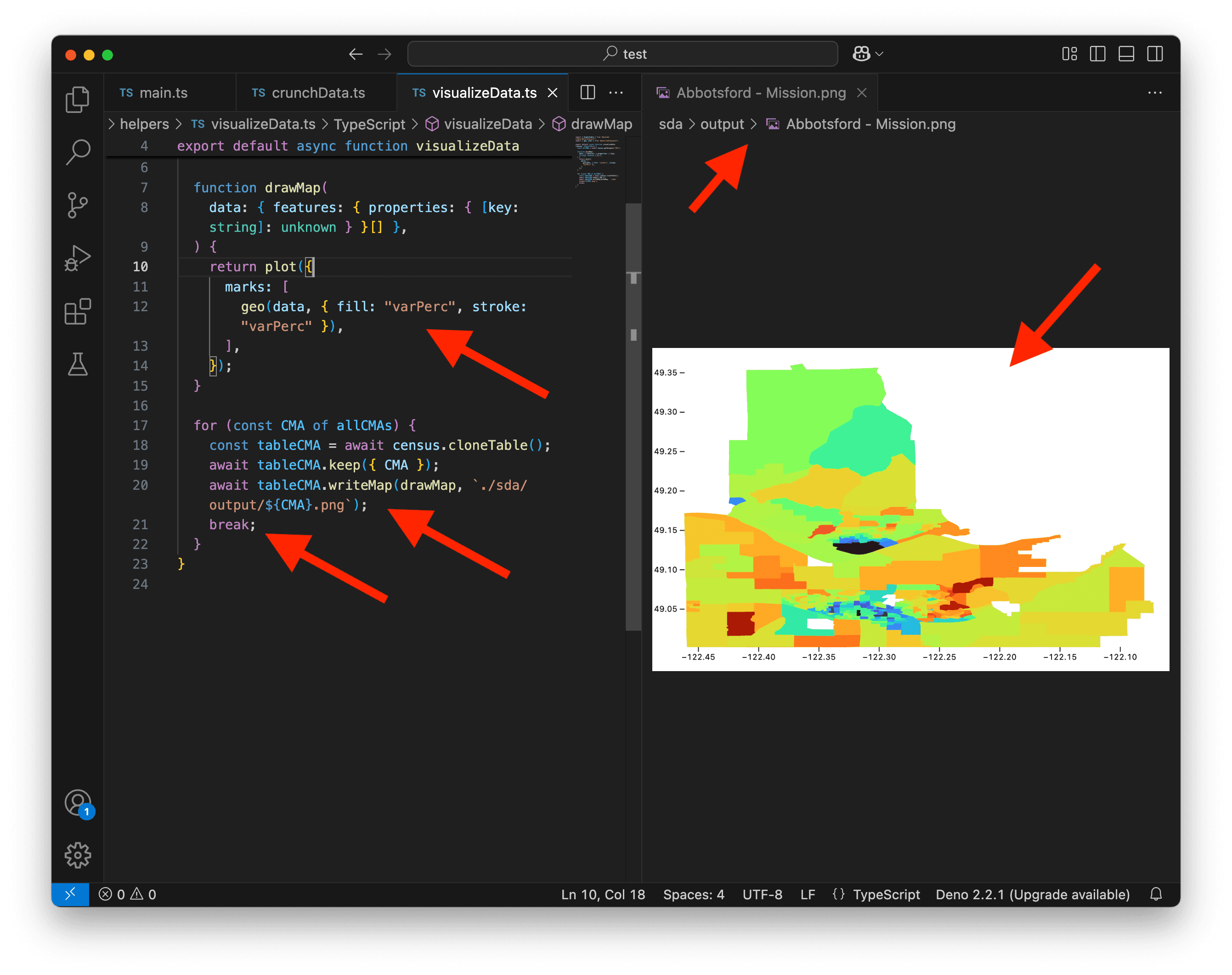 A screenshot of VS Code showing a first iteration of the map.