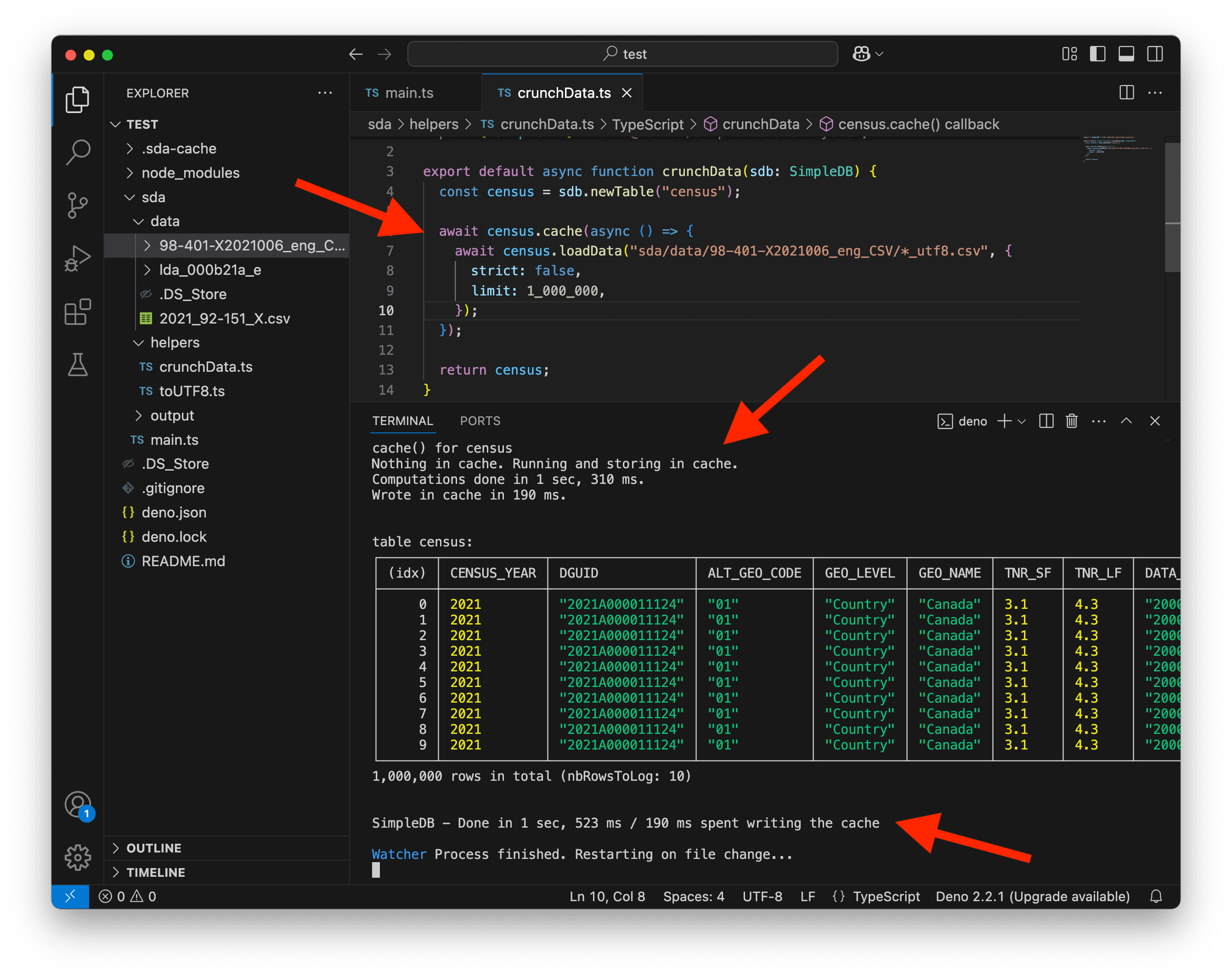 A screenshot of VS Code showing the cache being written.