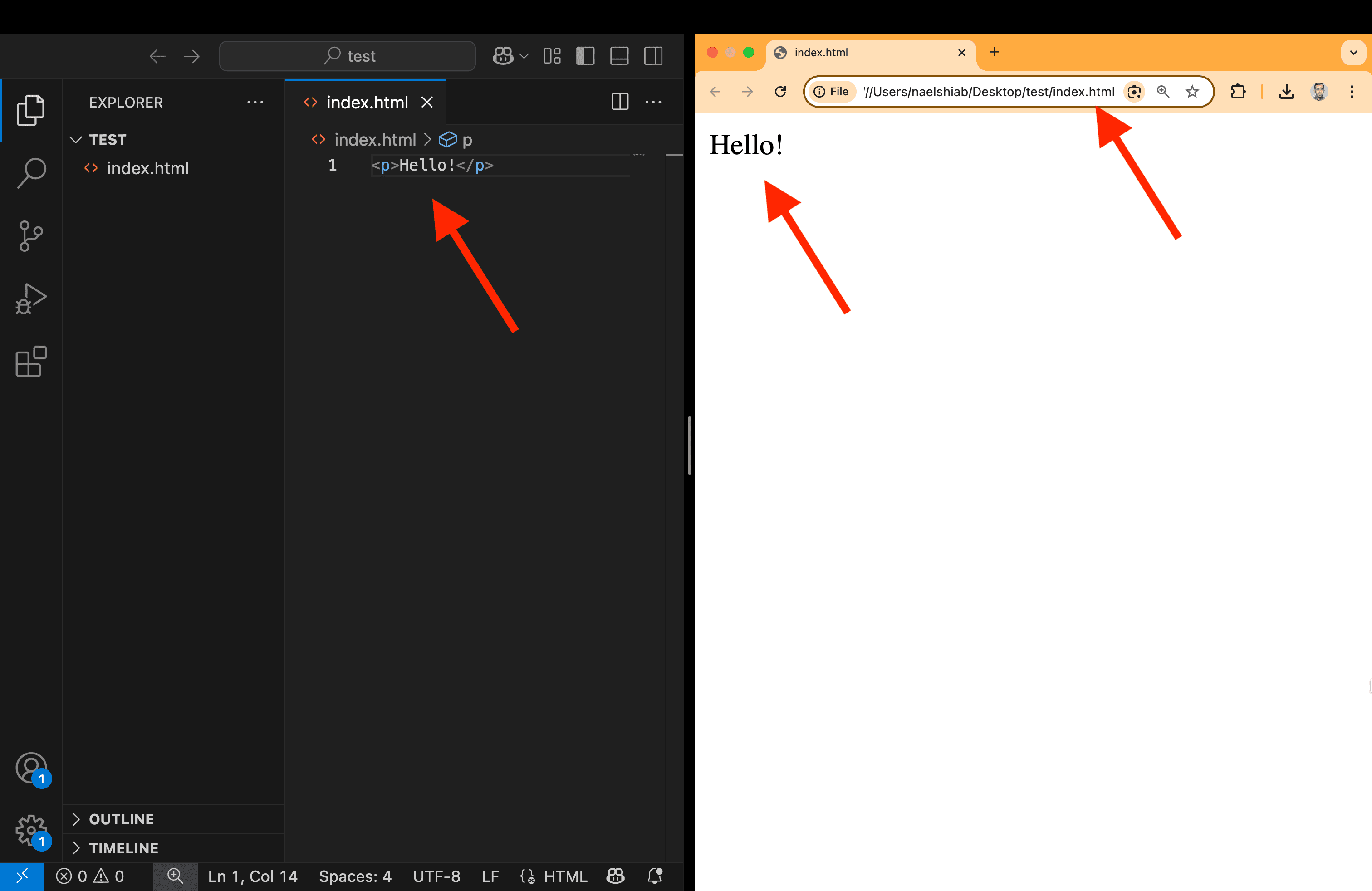 A screenshot showing VS Code with a simple HTML file and Chrome rendering it.