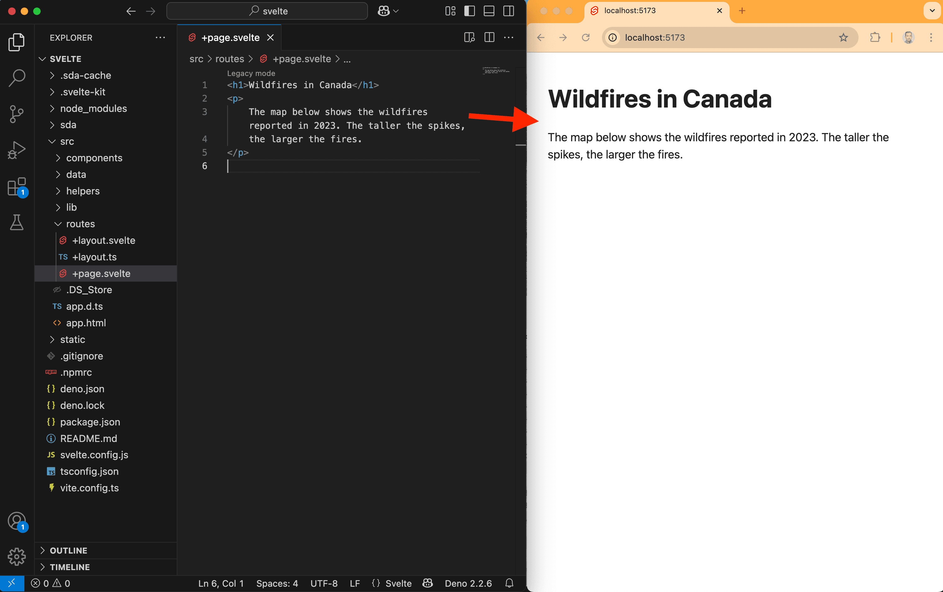 A screenshot showing updated HTML code in the Svelte project and in Chrome.