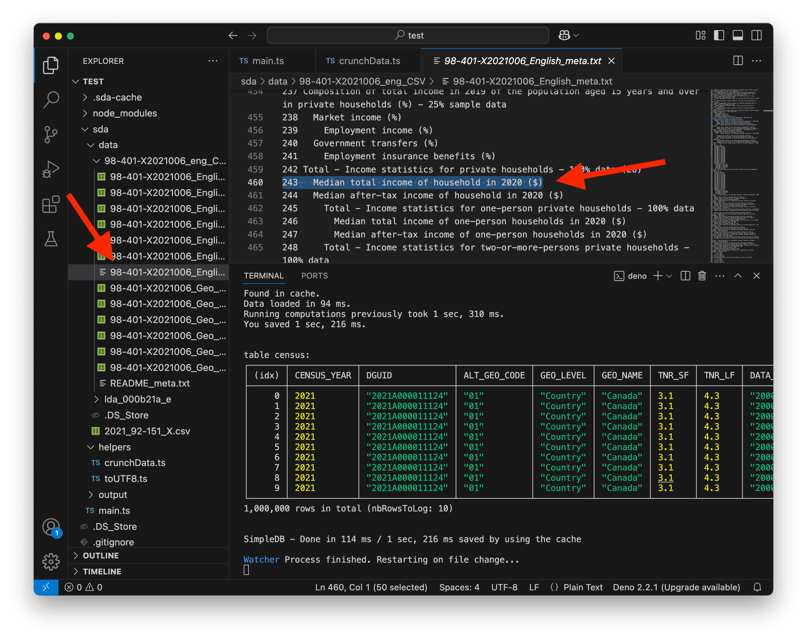A screenshot of VS Code showing the code for the total income variable.