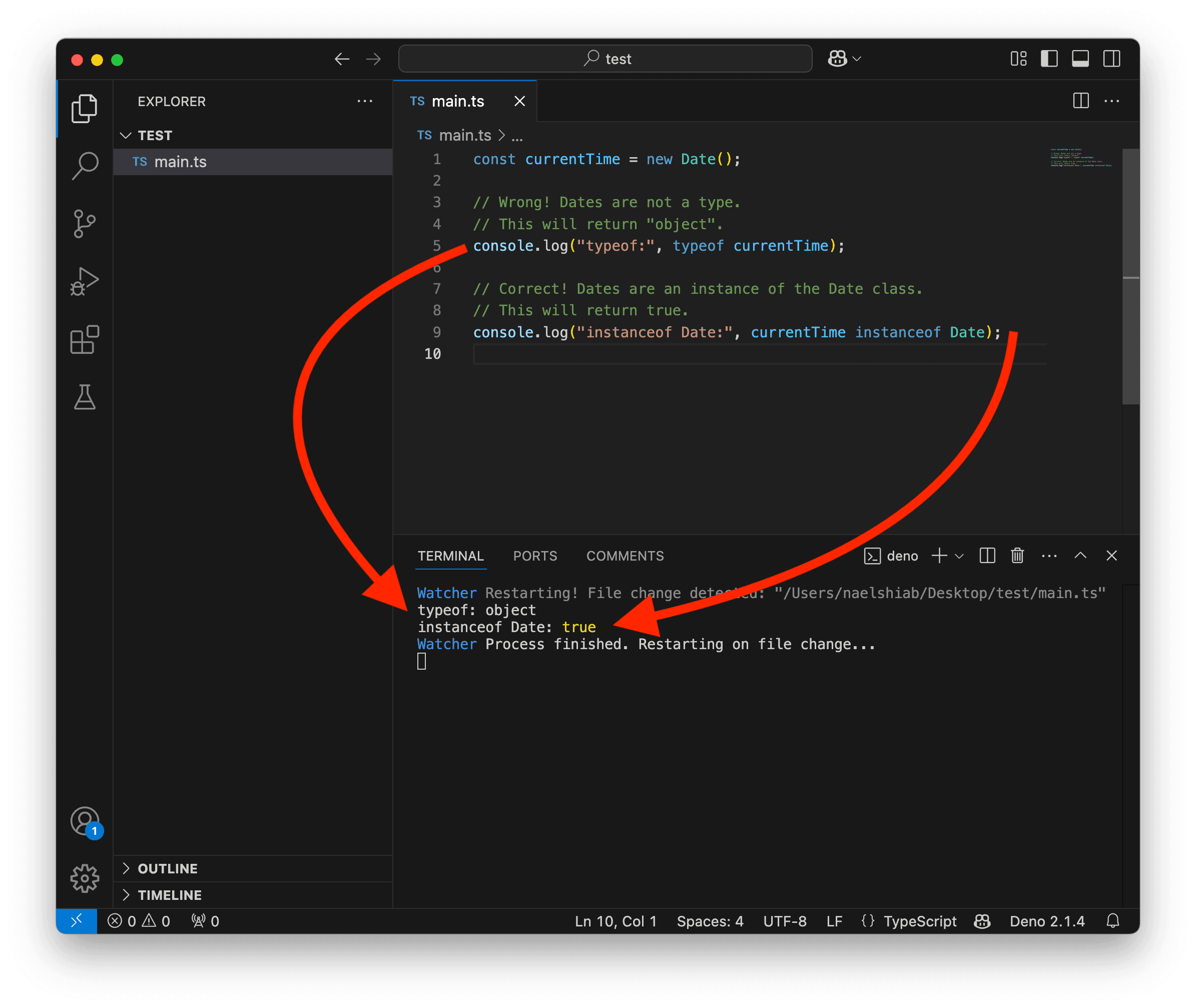 A screenshot showing VS Code checking for dates.