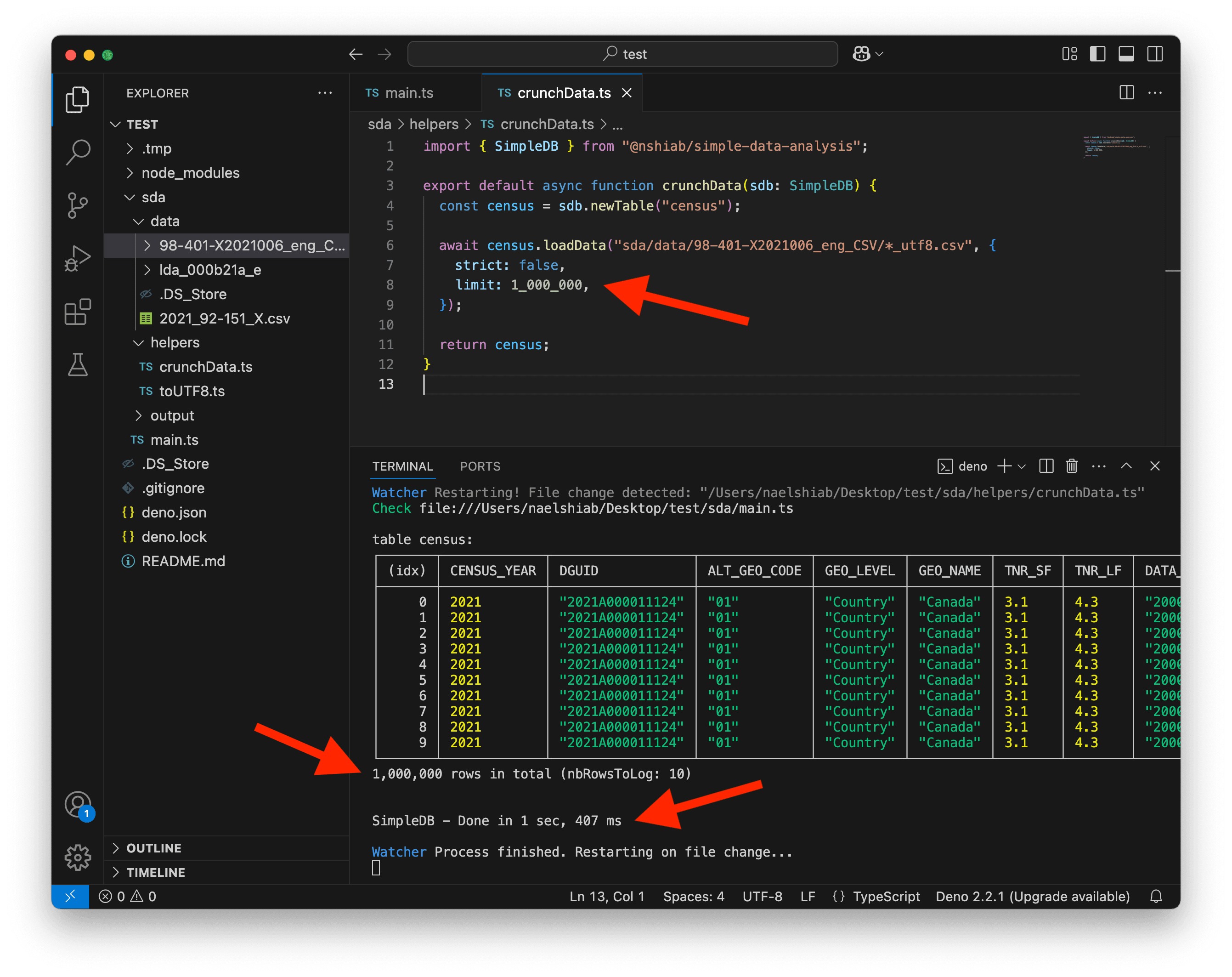 A screenshot of VS Code showing the first million rows loaded.