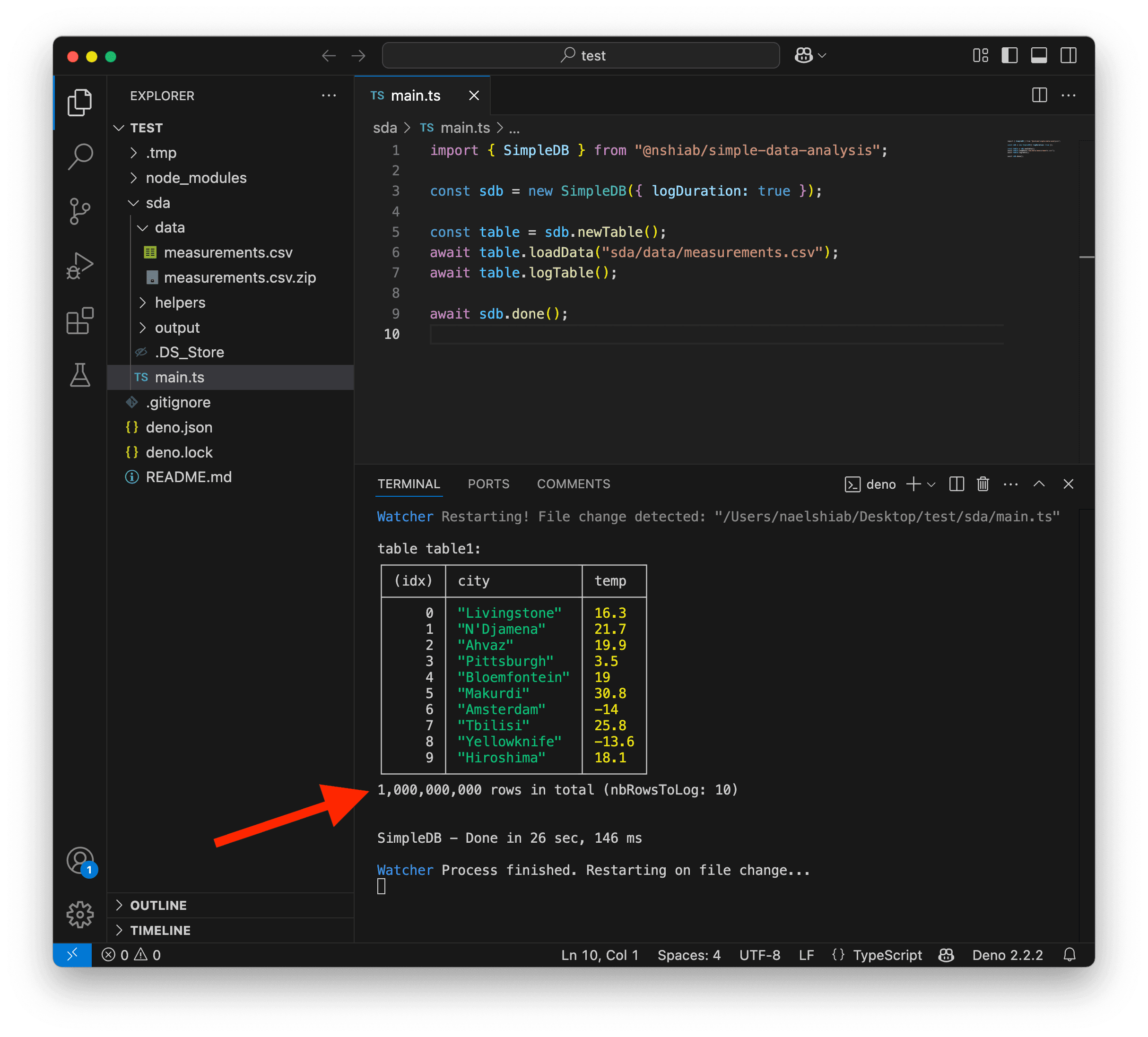 A screenshot of VS Code after loading one billion rows of data.