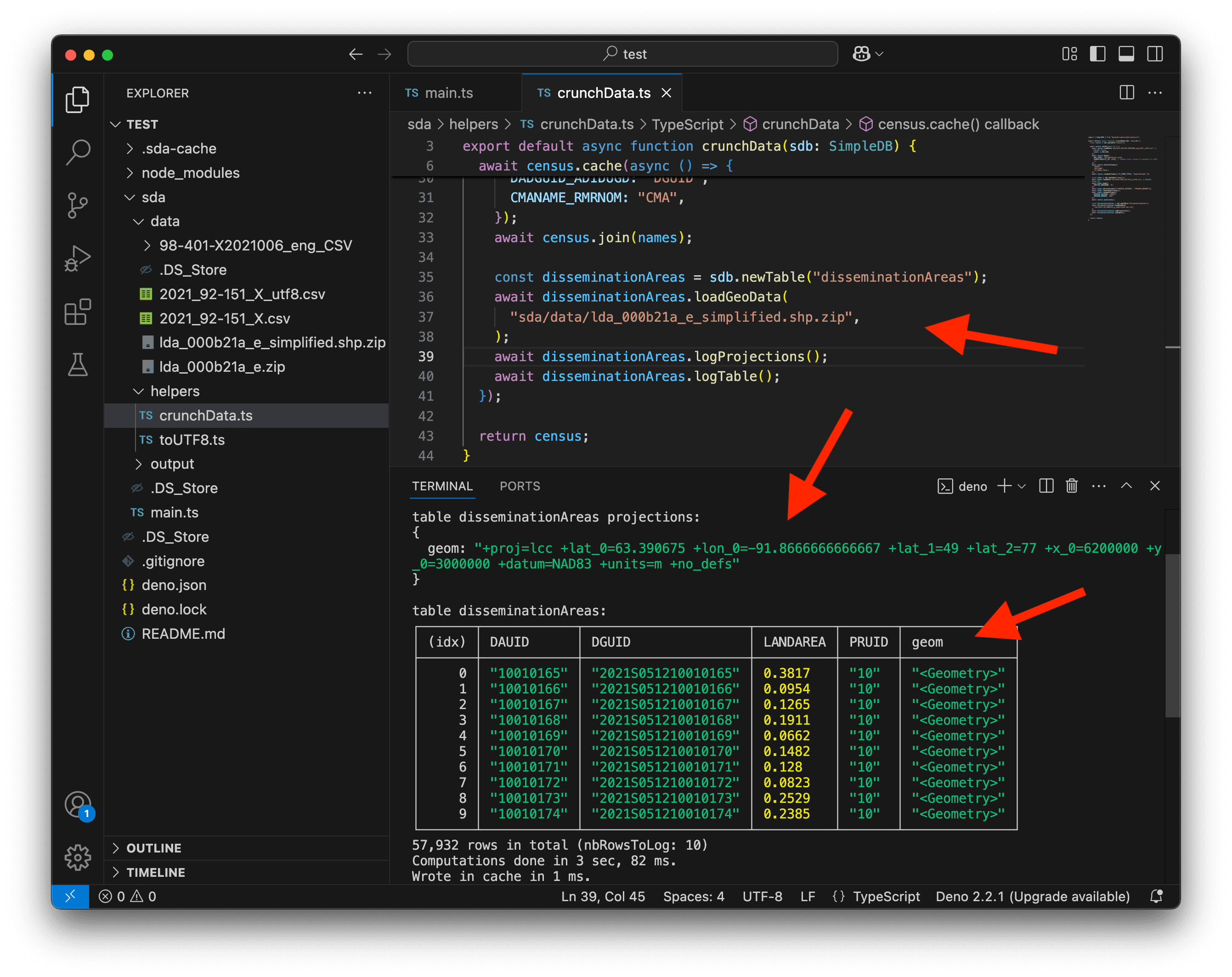 A screenshot of VS Code loading geospatial data.