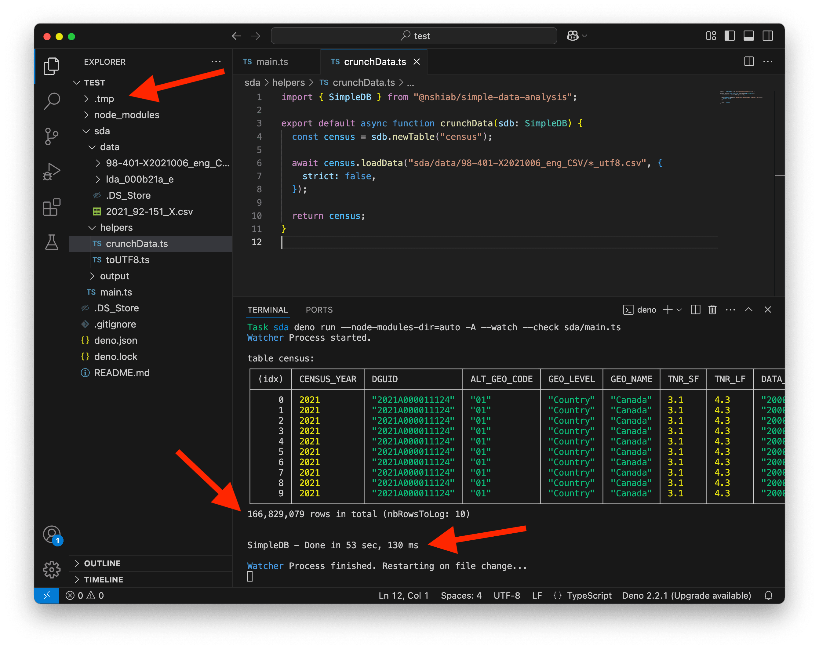 A screenshot of VS Code showing all the data loaded.