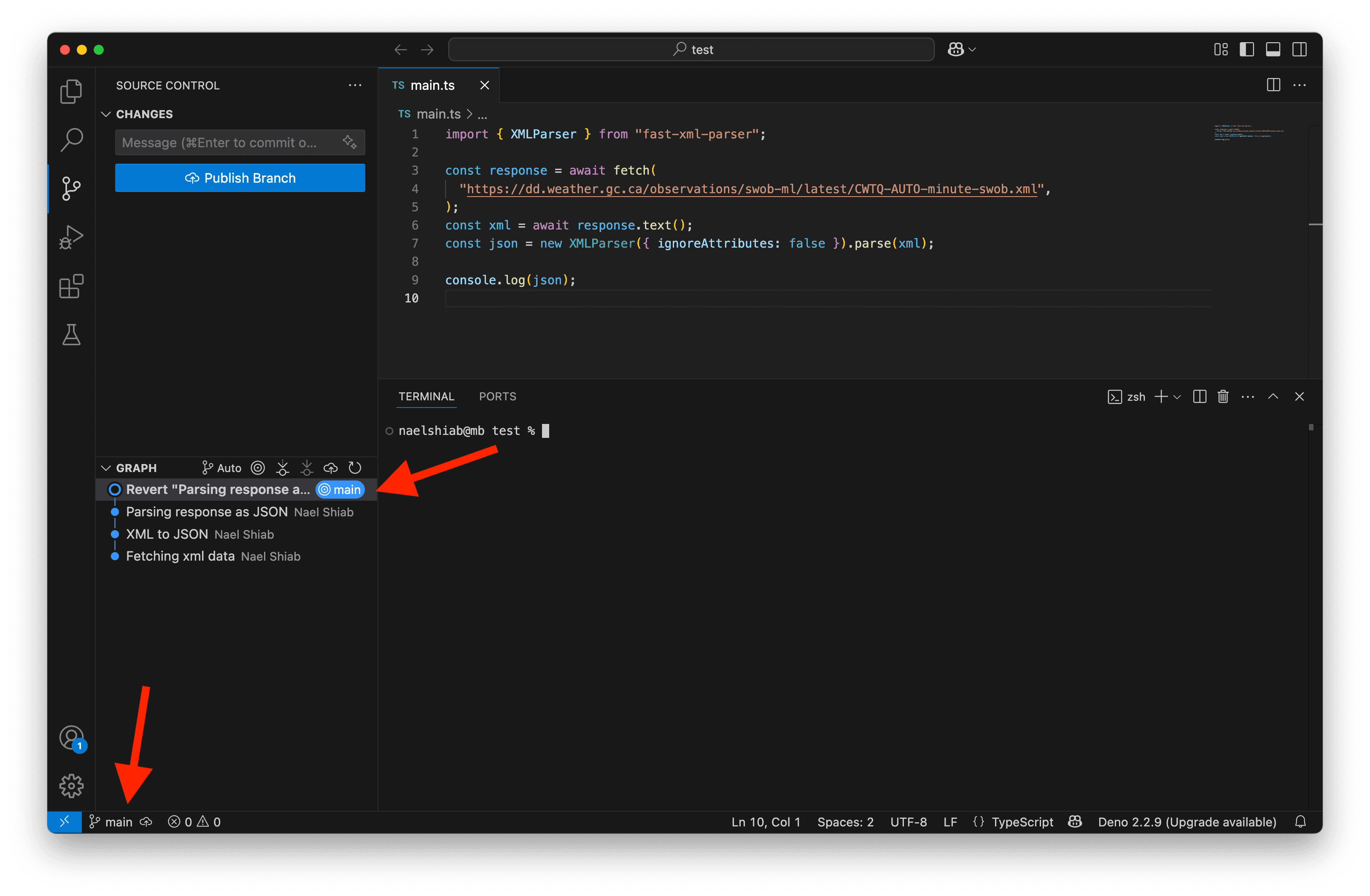 The main branch on VS Code.