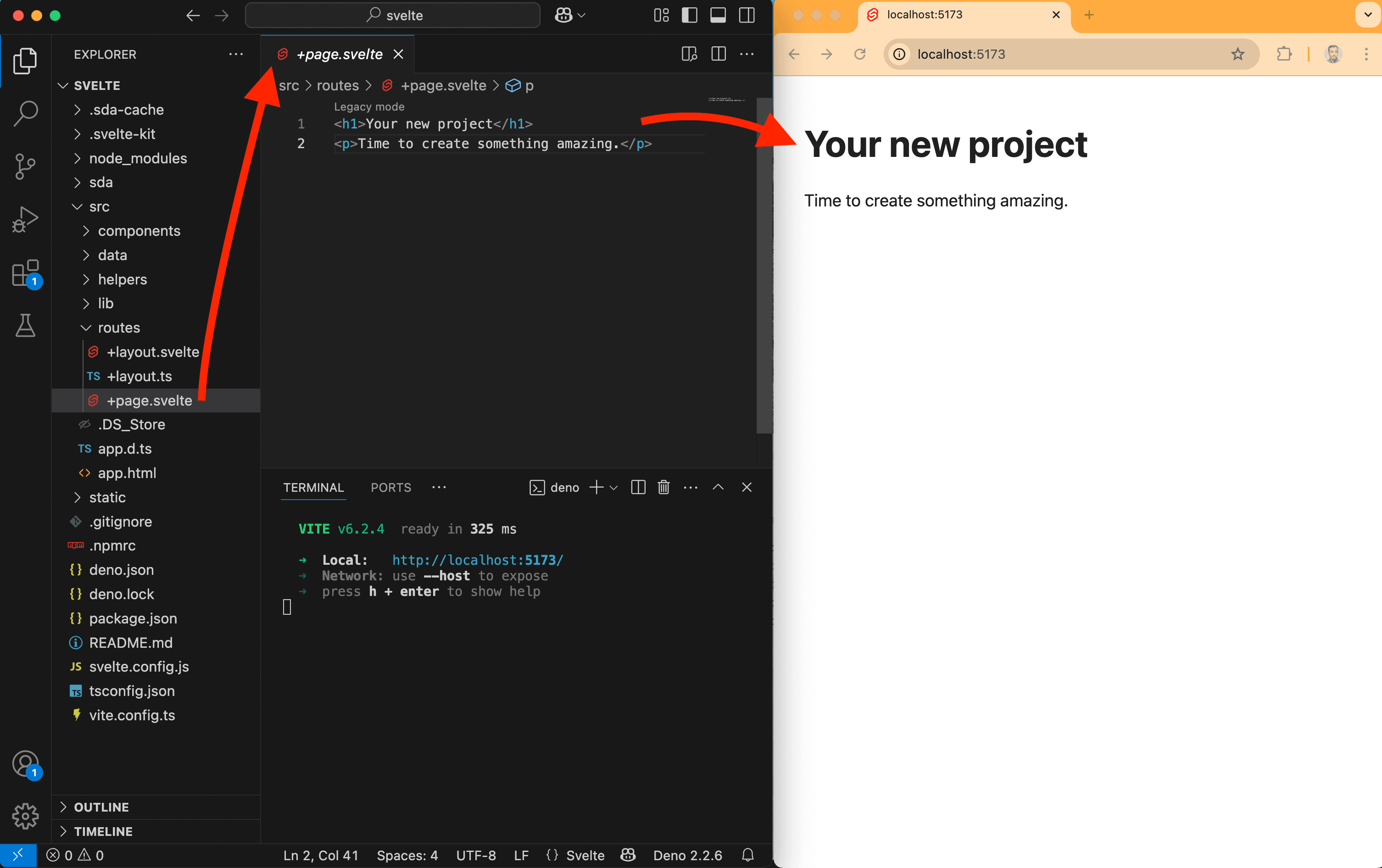 A screenshot showing the main page of a Svelte project and Chrome displaying it.