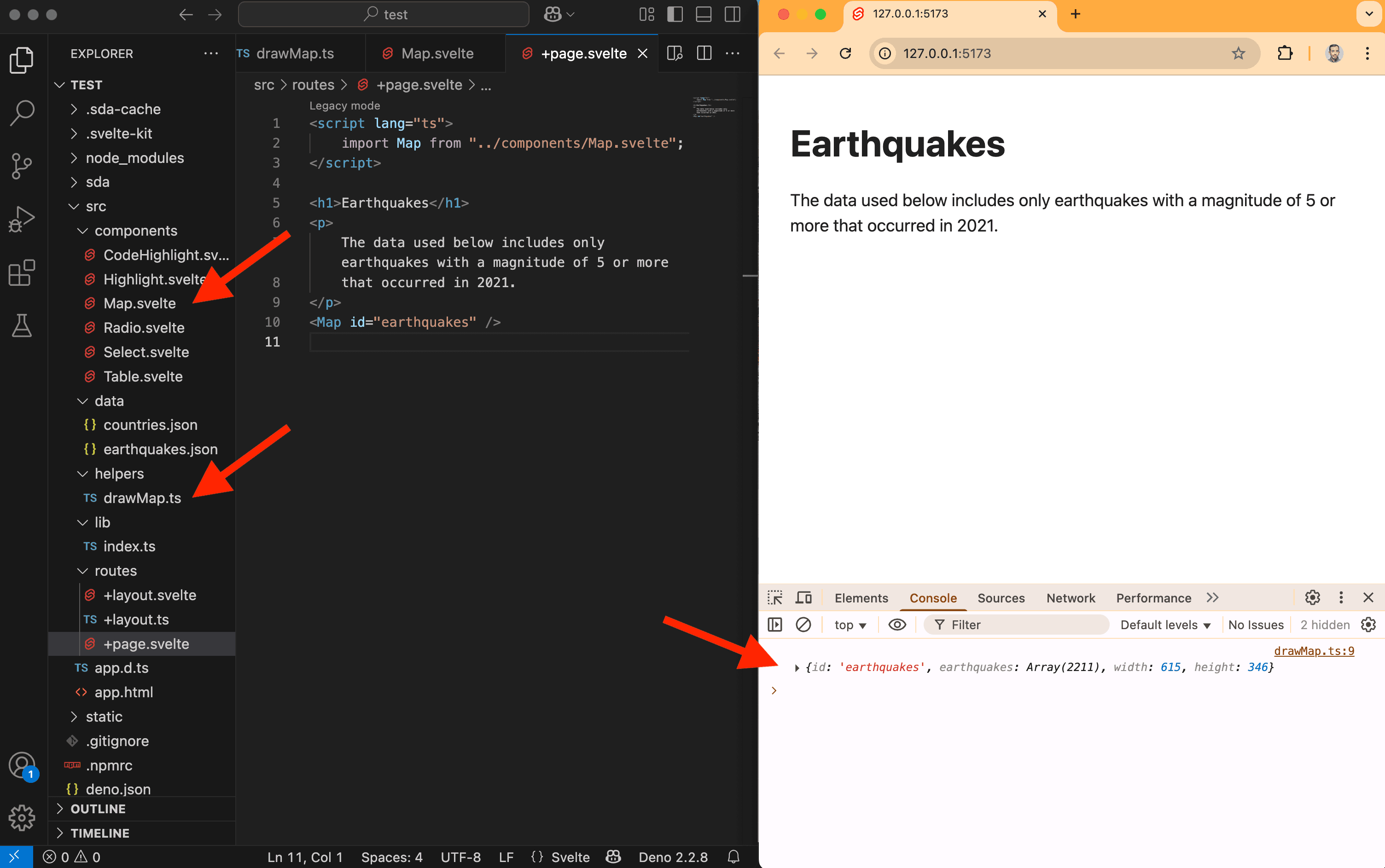 VS Code with a Svelte project running locally.