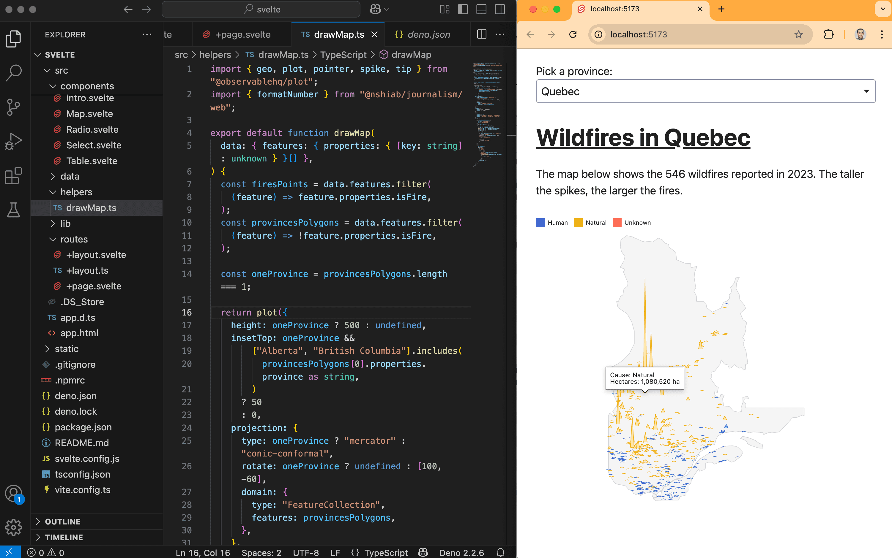 A screenshot showing our final Observable Plot map.