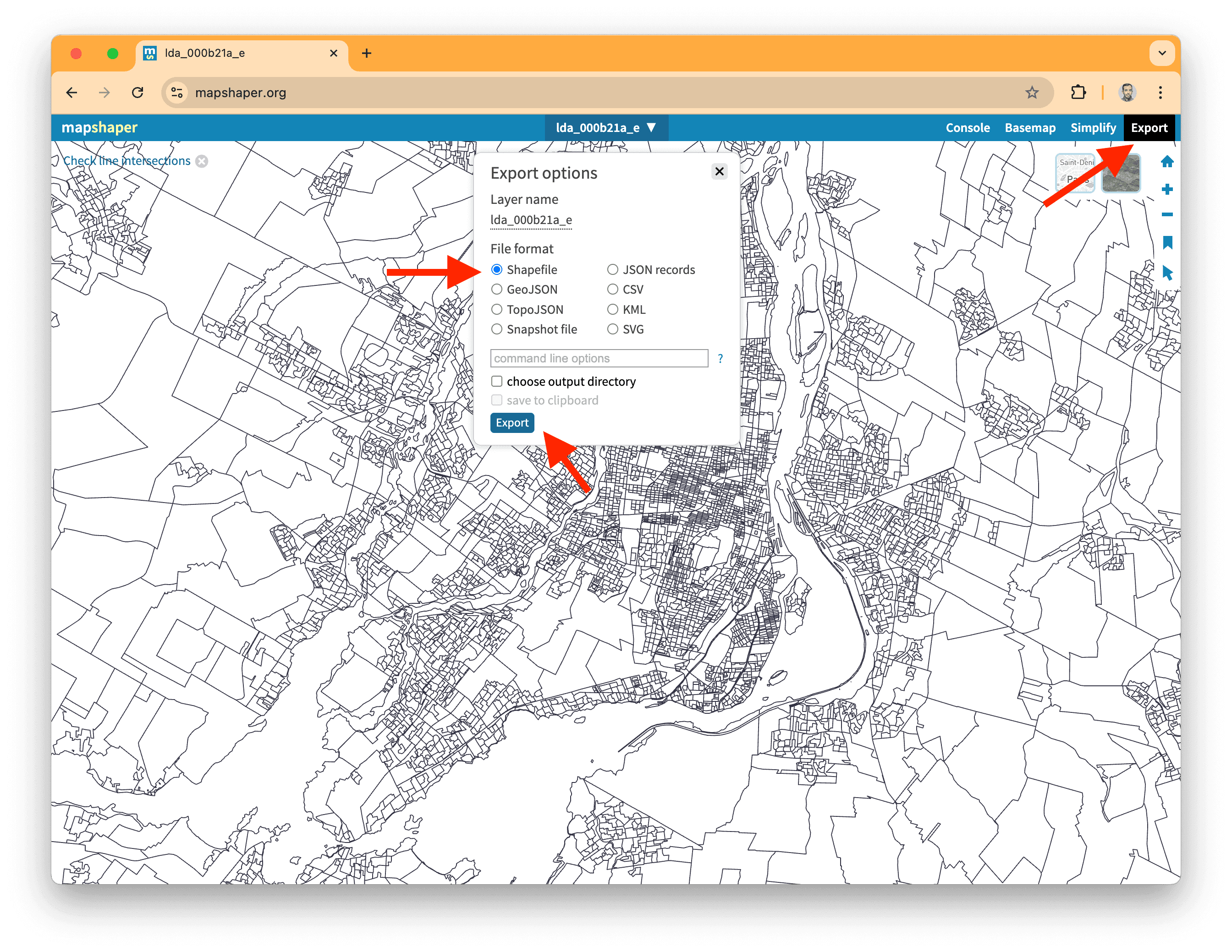 A screenshot of mapshaper showing how to export simplified layers.
