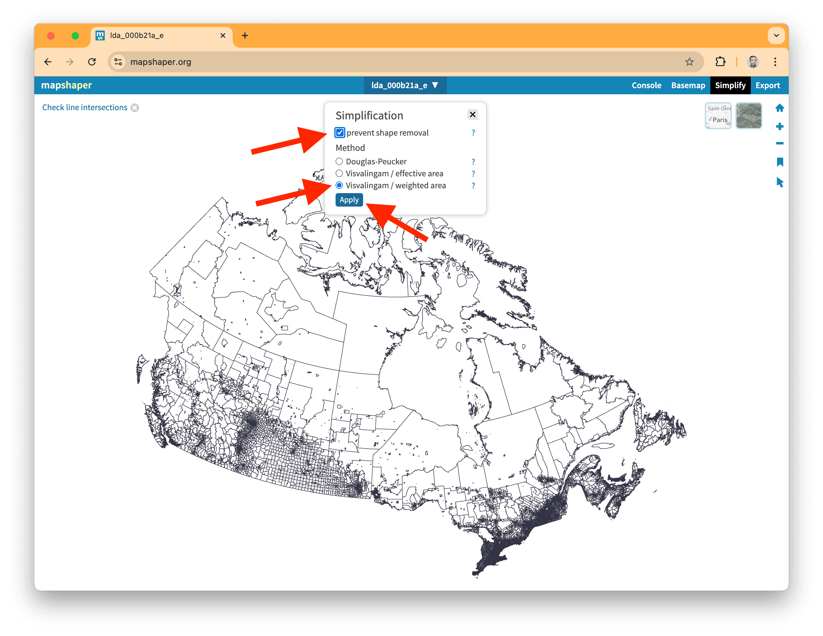A screenshot of mapshaper showing the dissemination areas.