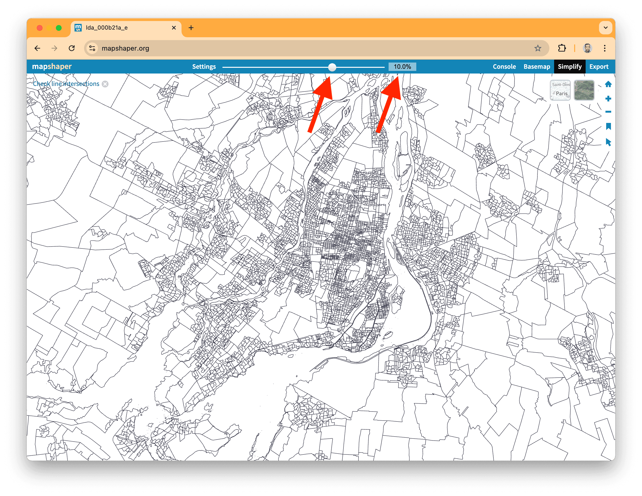 A screenshot of mapshaper showing the simplification options.