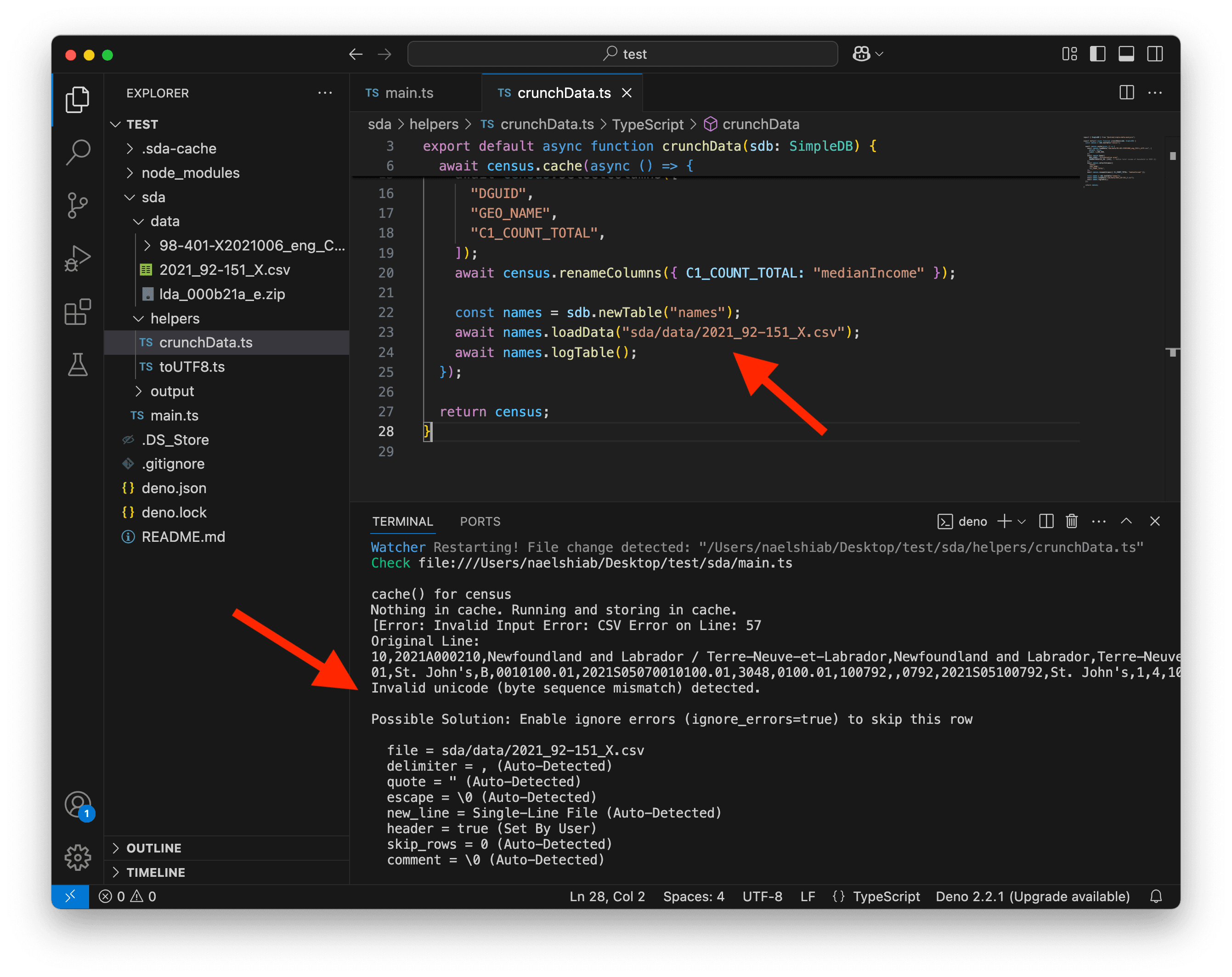 A screenshot of VS Code showing an encoding problem for the file containing the names.