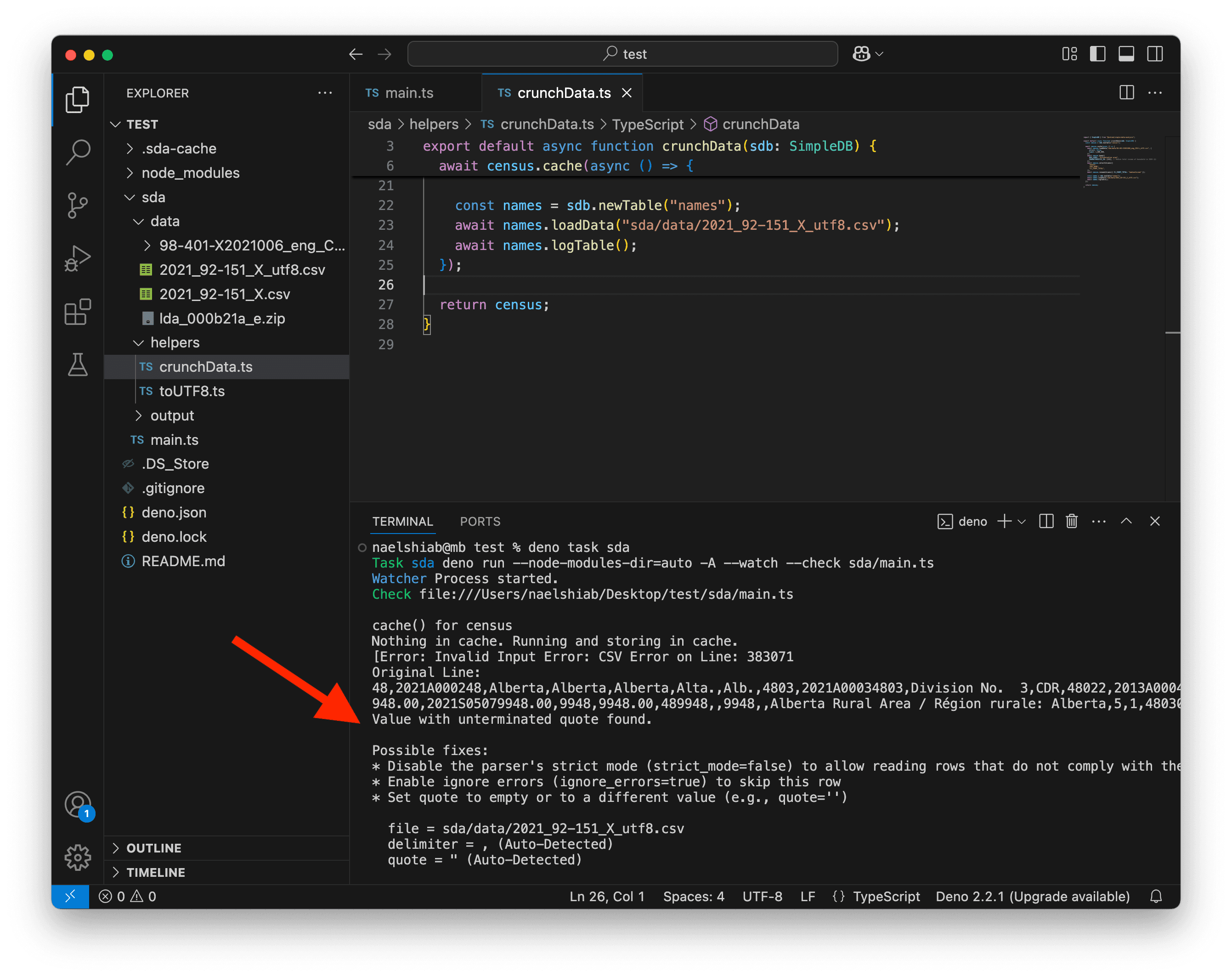 A screenshot of VS Code showing an encoding problem for the file containing the names.