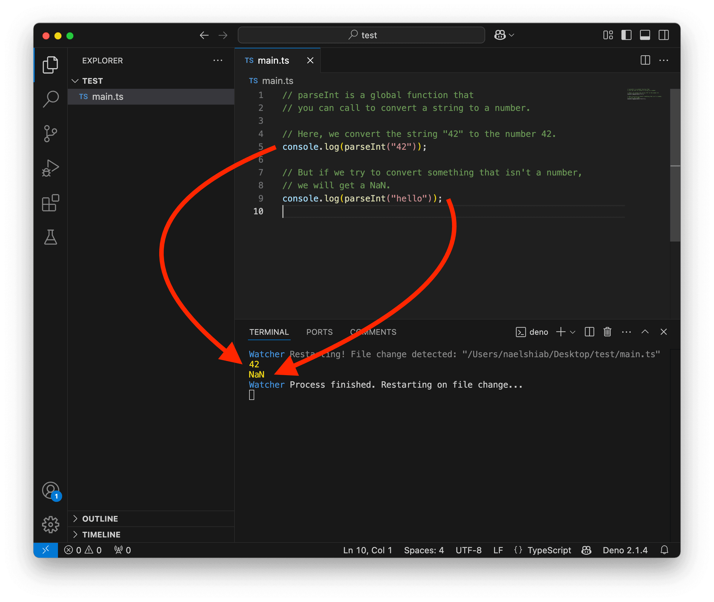A screenshot showing VS Code logging a NaN value.