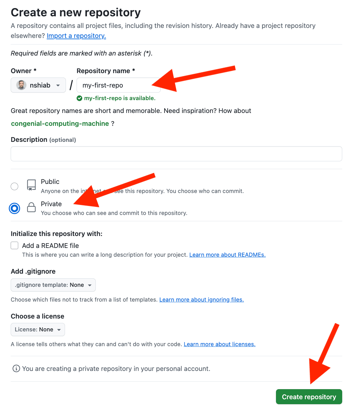 Settings of a new repository.