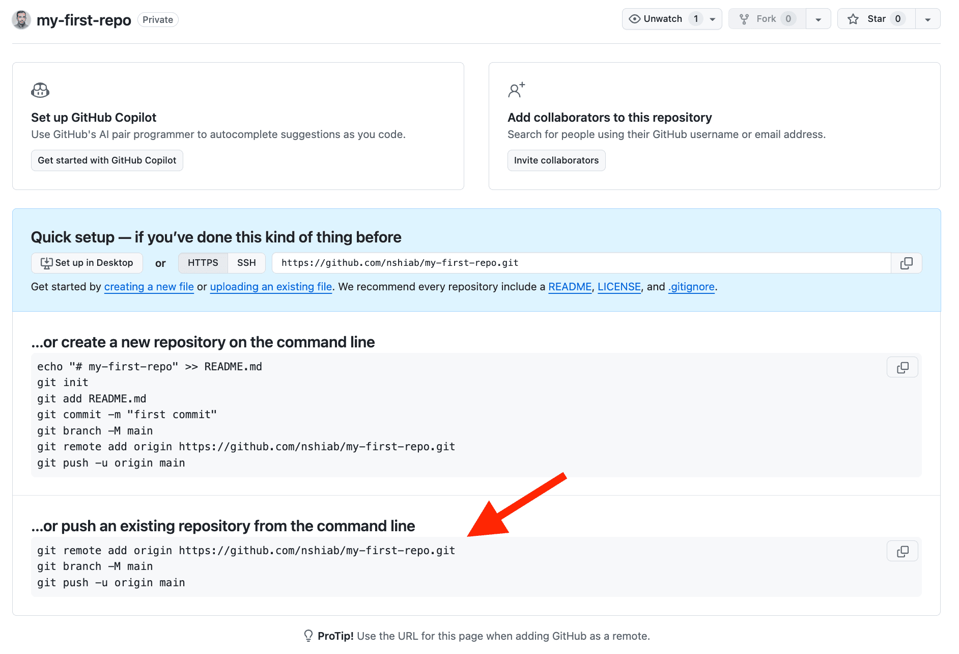 The steps to connect an existing repo to a new one.