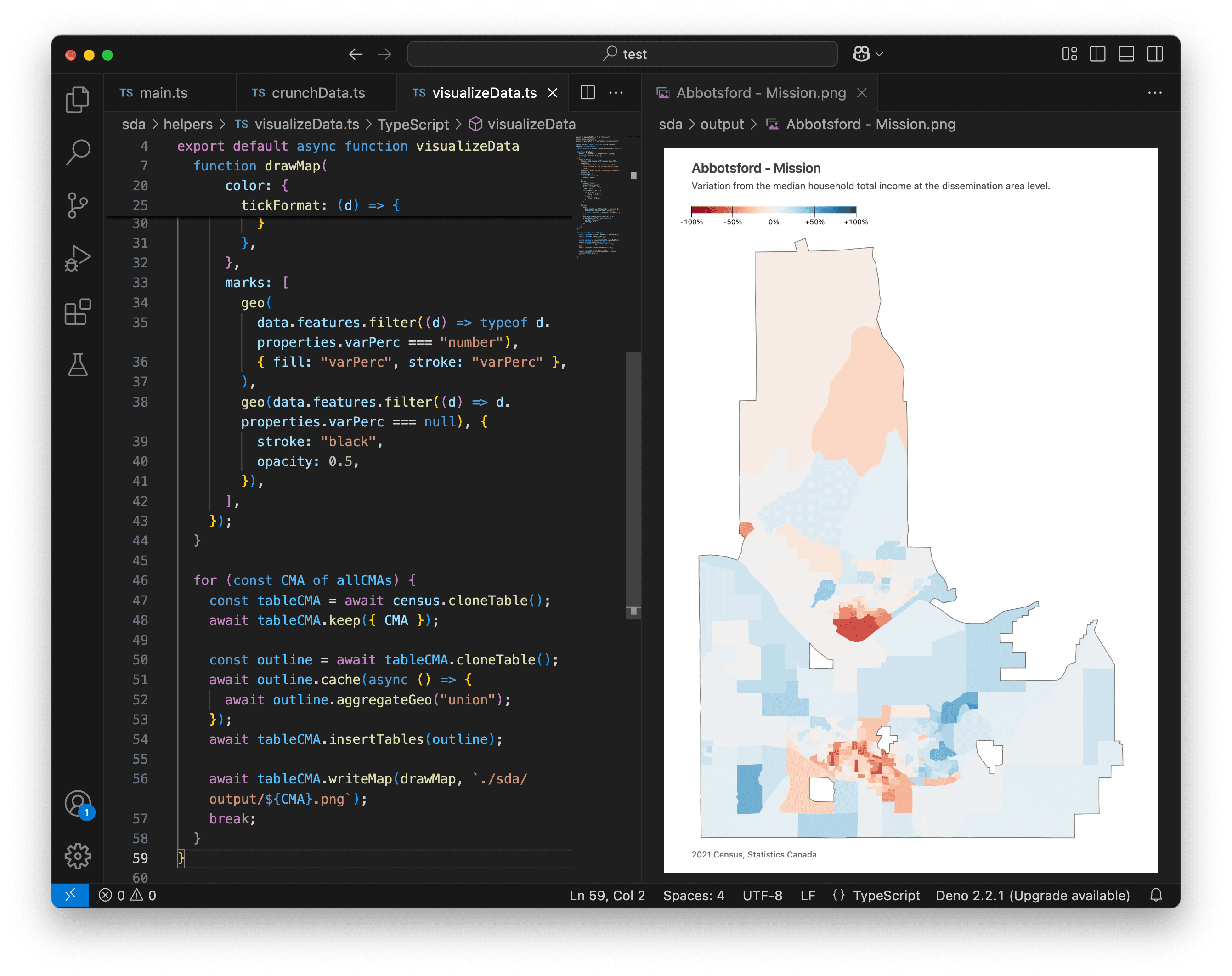 A screenshot of VS Code showing a styled map with an outline.