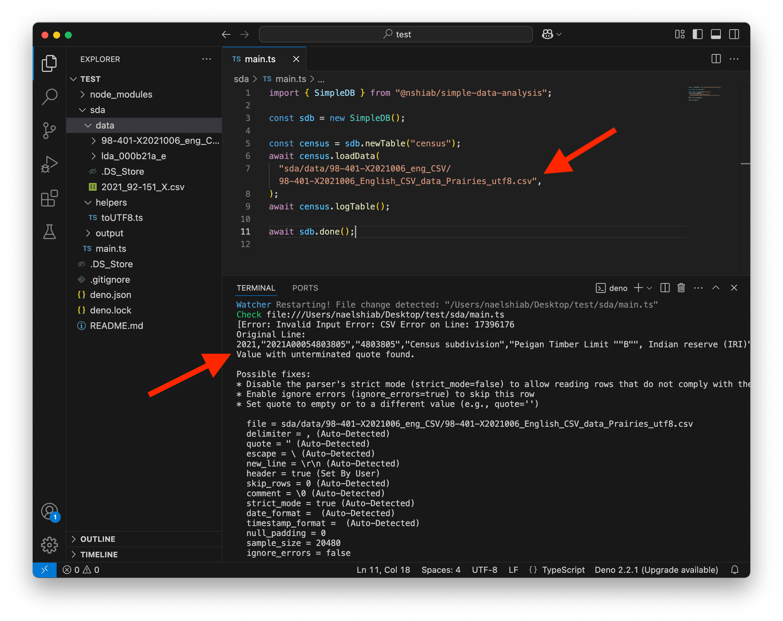 A screenshot of VS Code showing an error due to a badly formatted CSV.