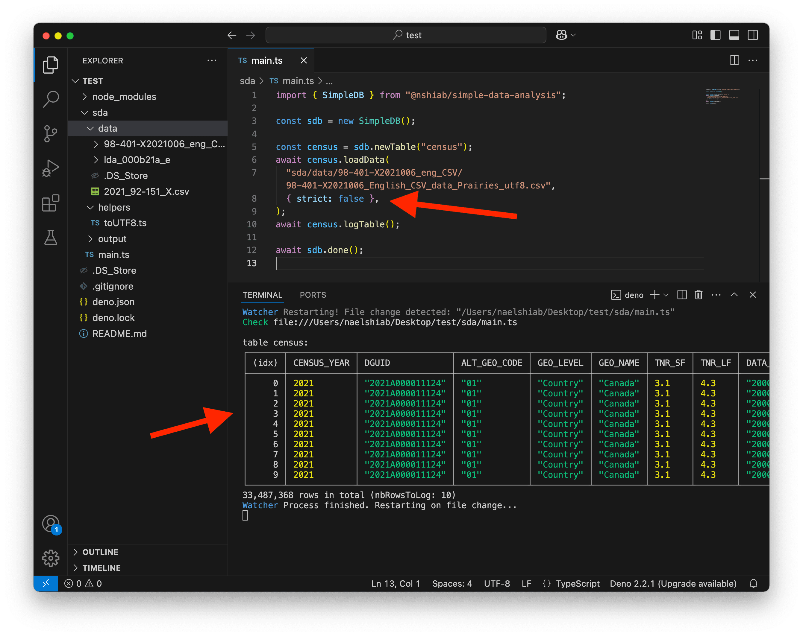 A screenshot of VS Code showing the Prairies data.