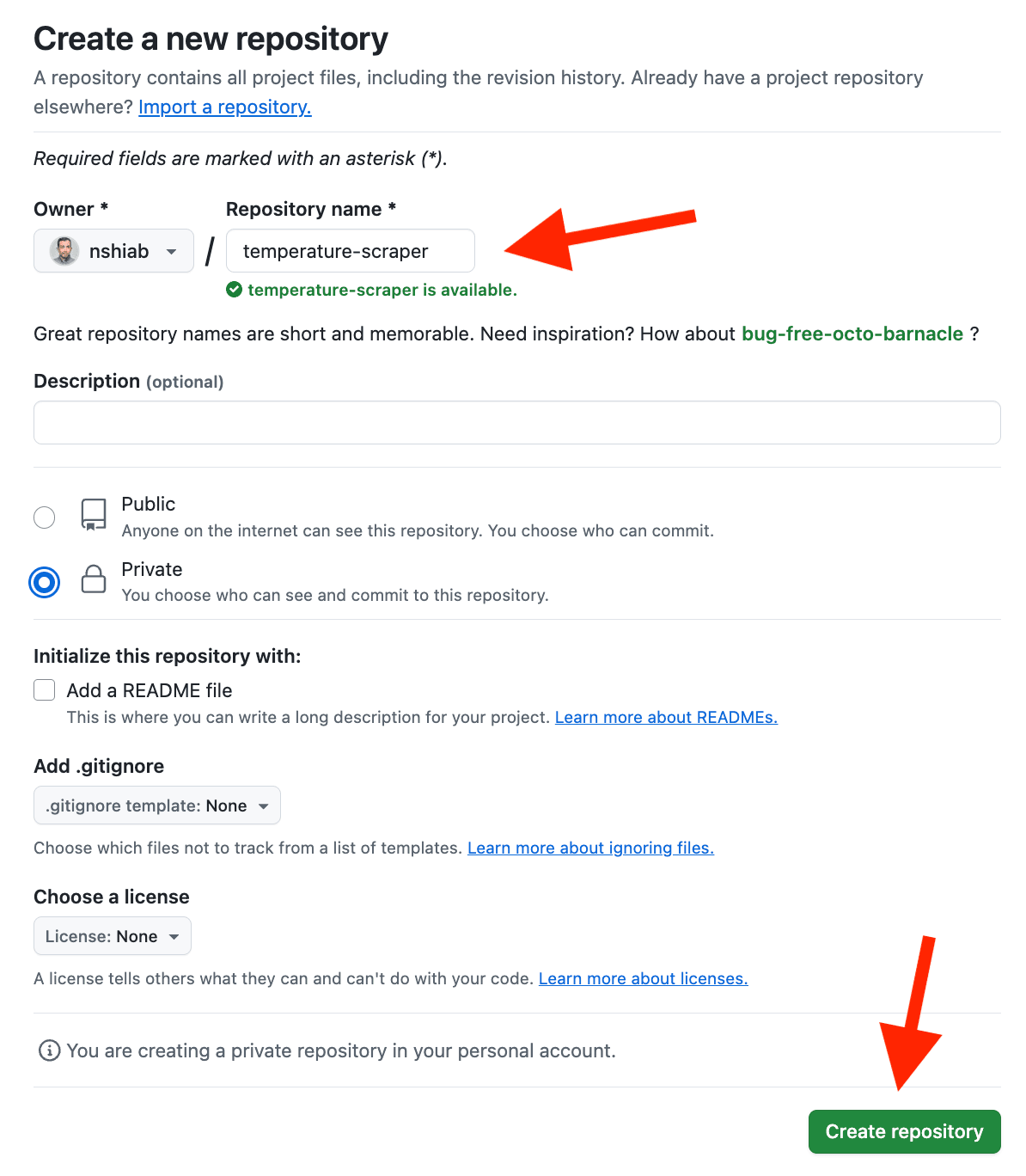 Settings for a new repository on GitHub.