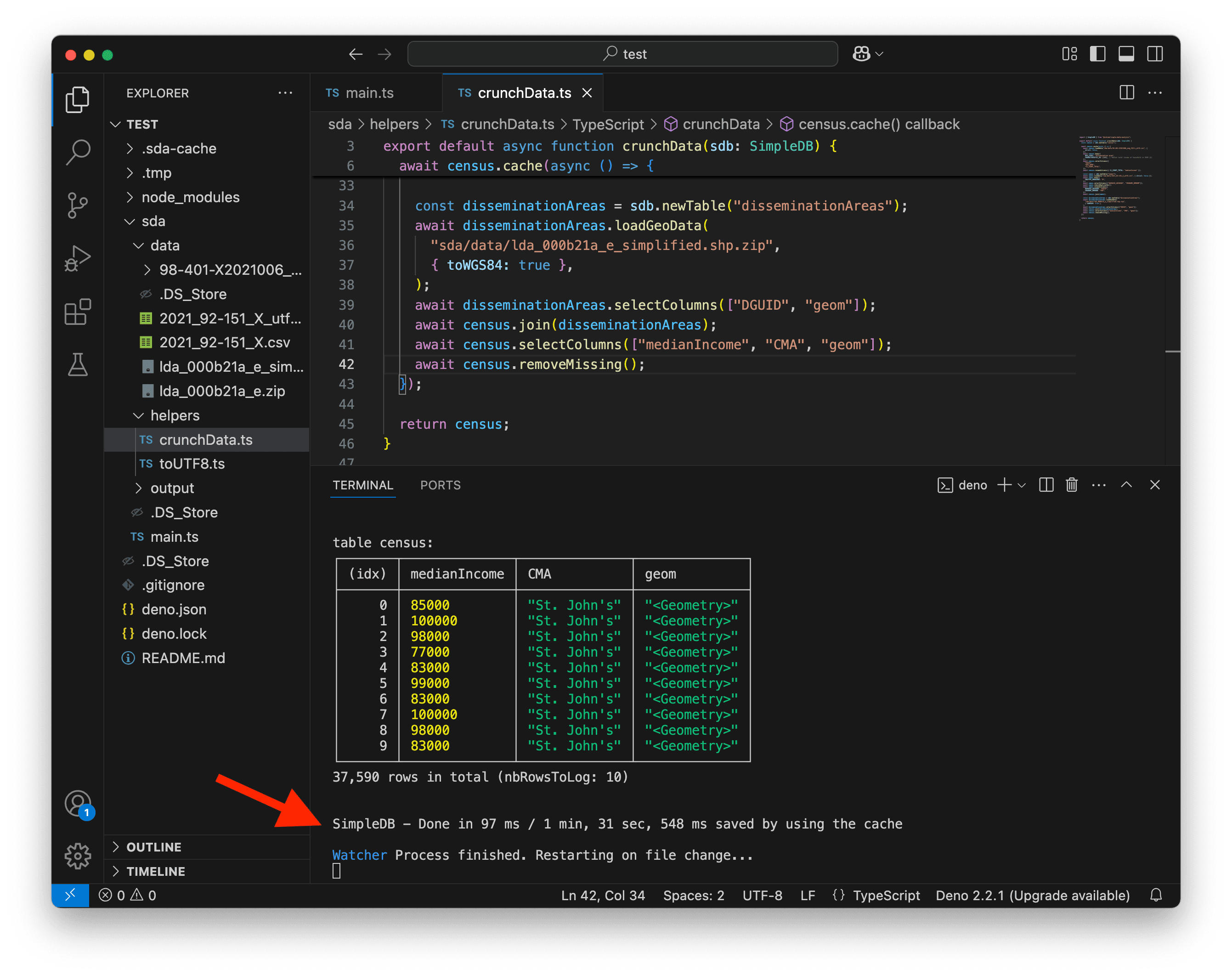 A screenshot of VS Code showing complete dissemination area data loaded from the cache.