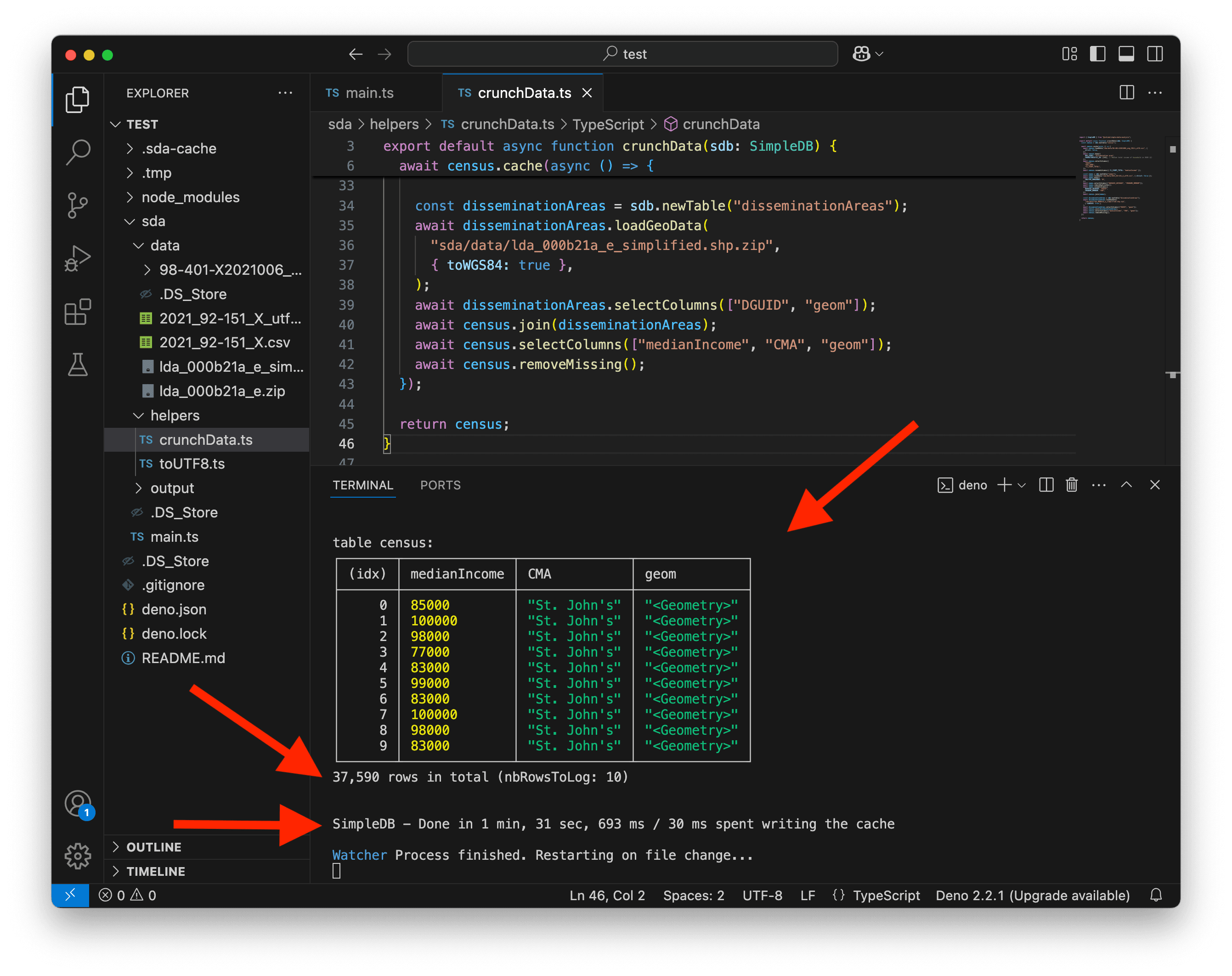 A screenshot of VS Code showing complete dissemination area data.