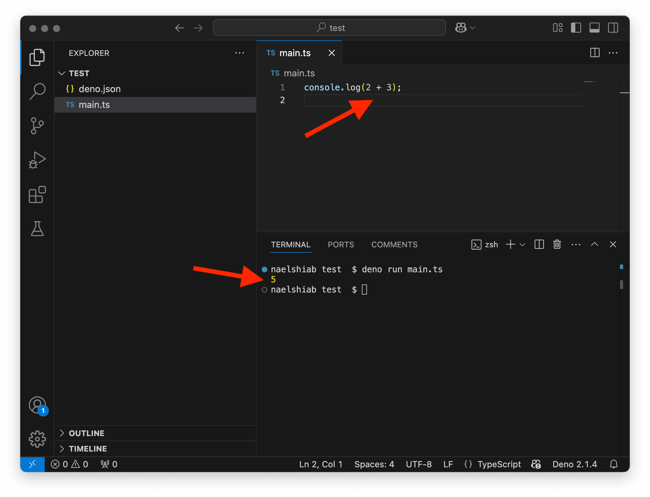 A screenshot showing VS Code with main.ts and deno.json files.