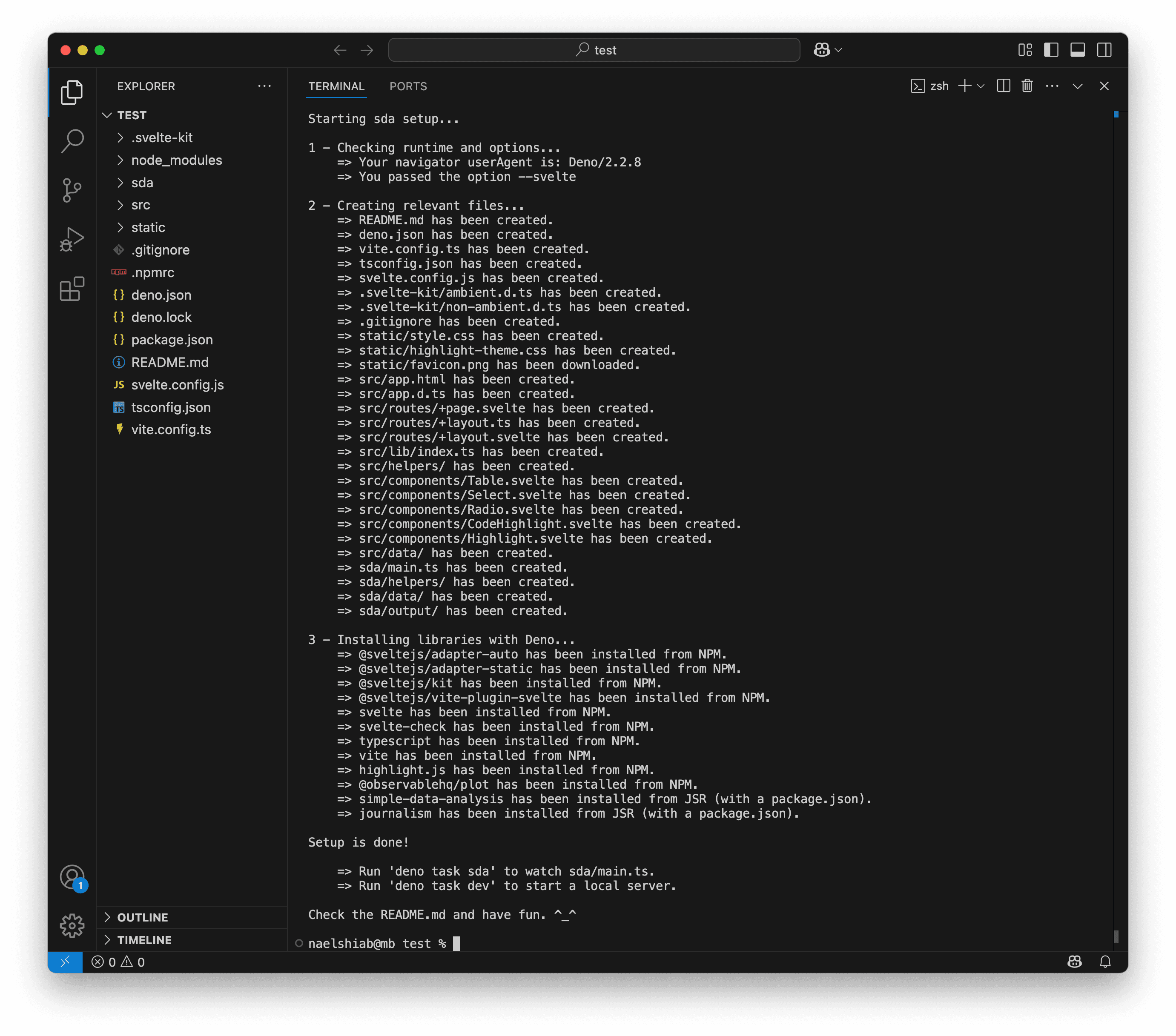 A screenshot of VS Code after running the setup-sda library.