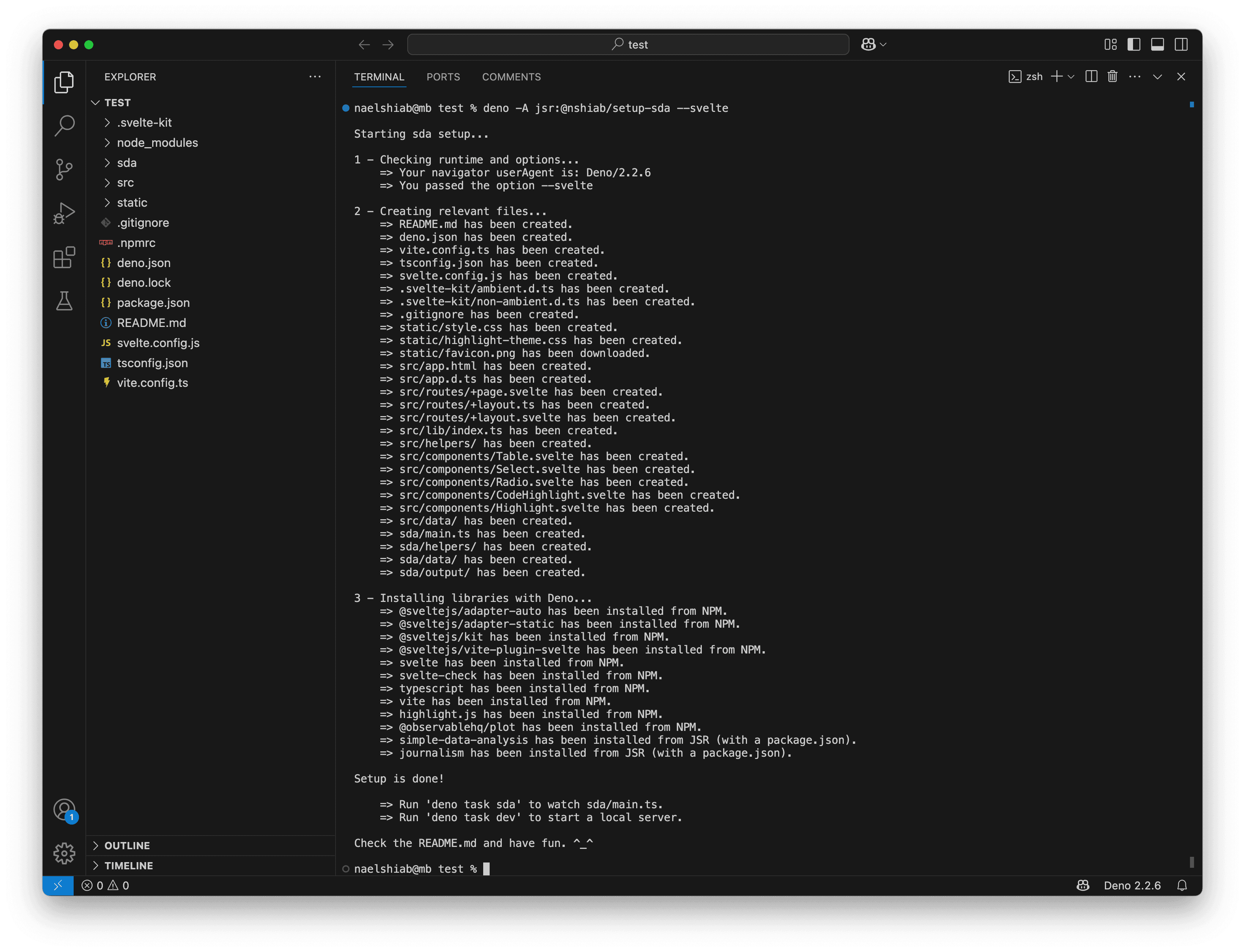A screenshot showing VS Code with SDA and Svelte installed.
