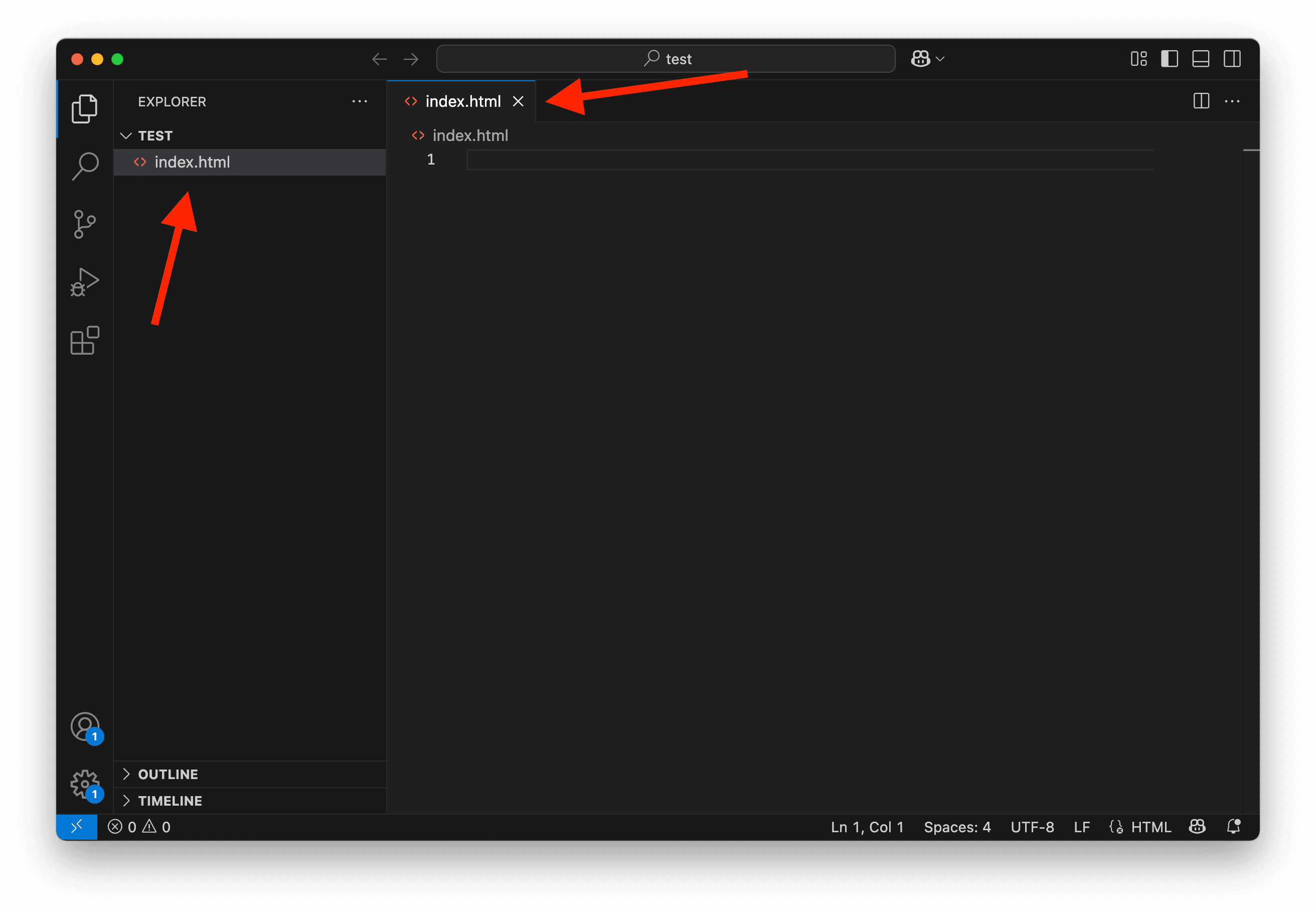 A screenshot showing VS Code with an empty HTML file.