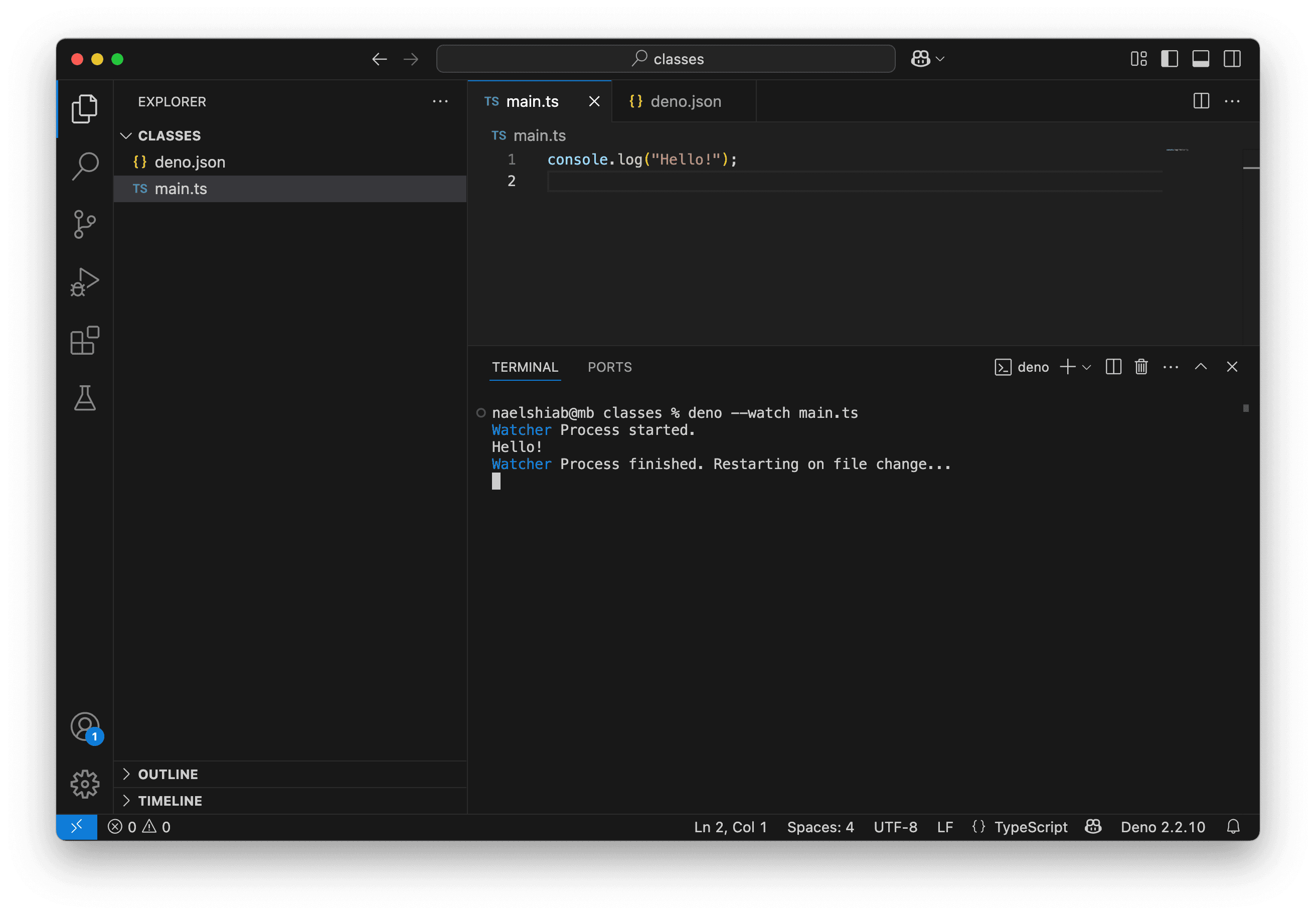 A screenshot showing VS Code running and watching a TypeScript file.