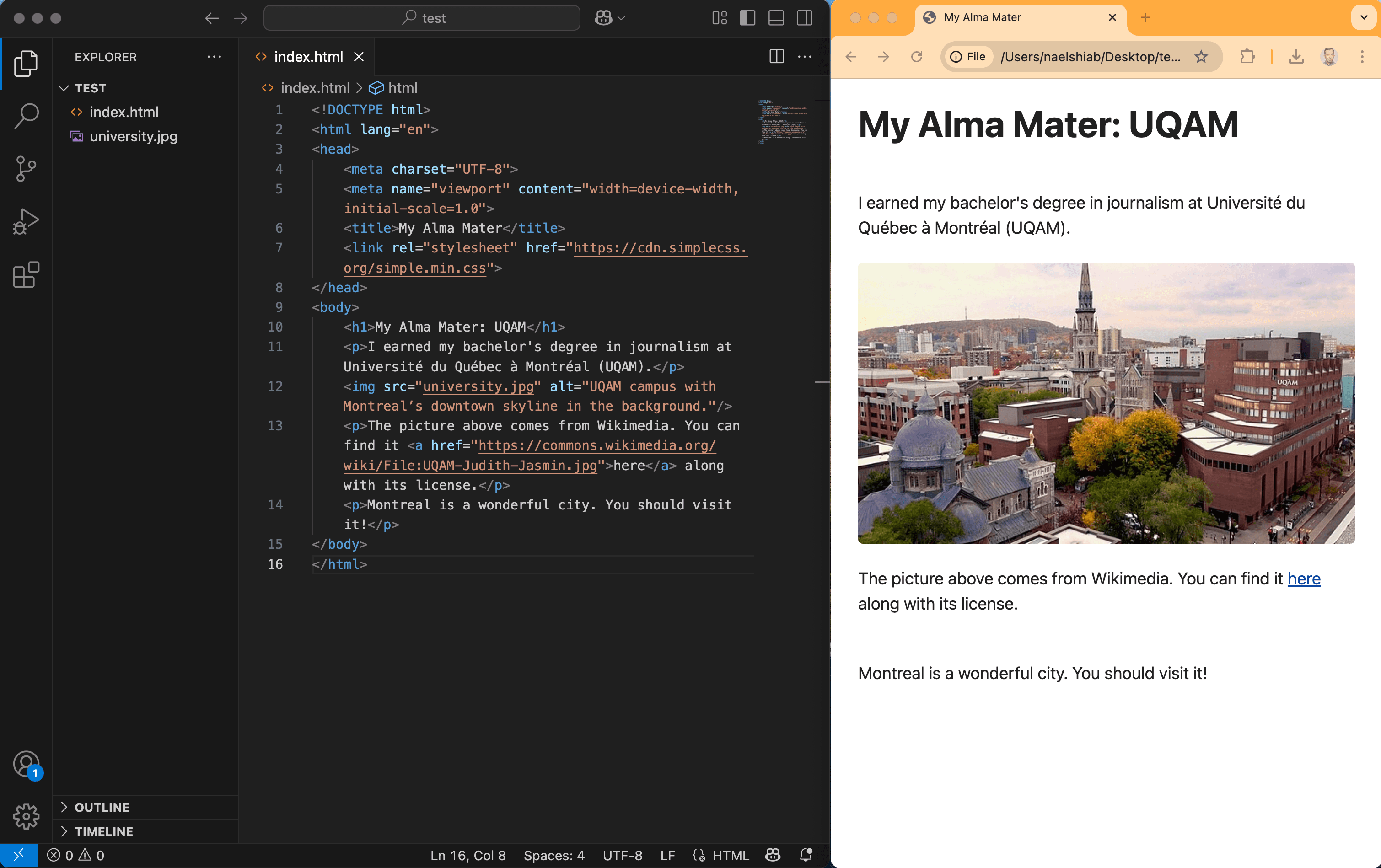 Une capture d’écran montrant la console du navigateur et VS Code avec du code.