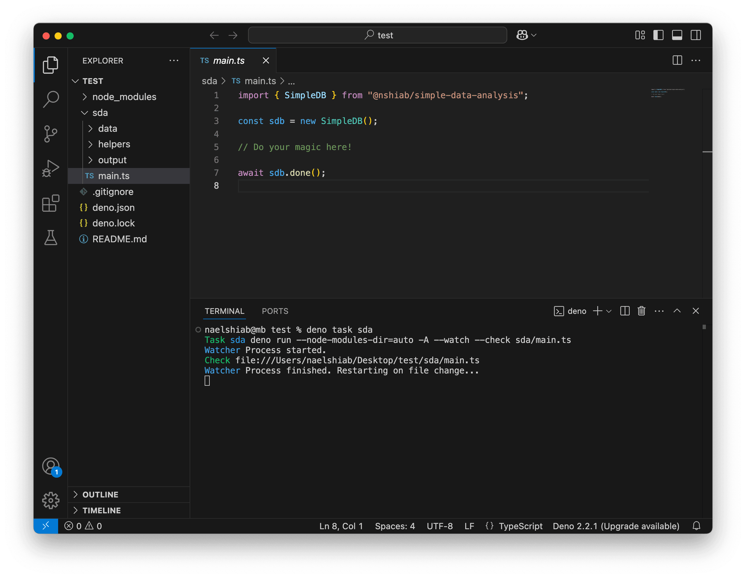 A screenshot of VS Code after running setup-sda.